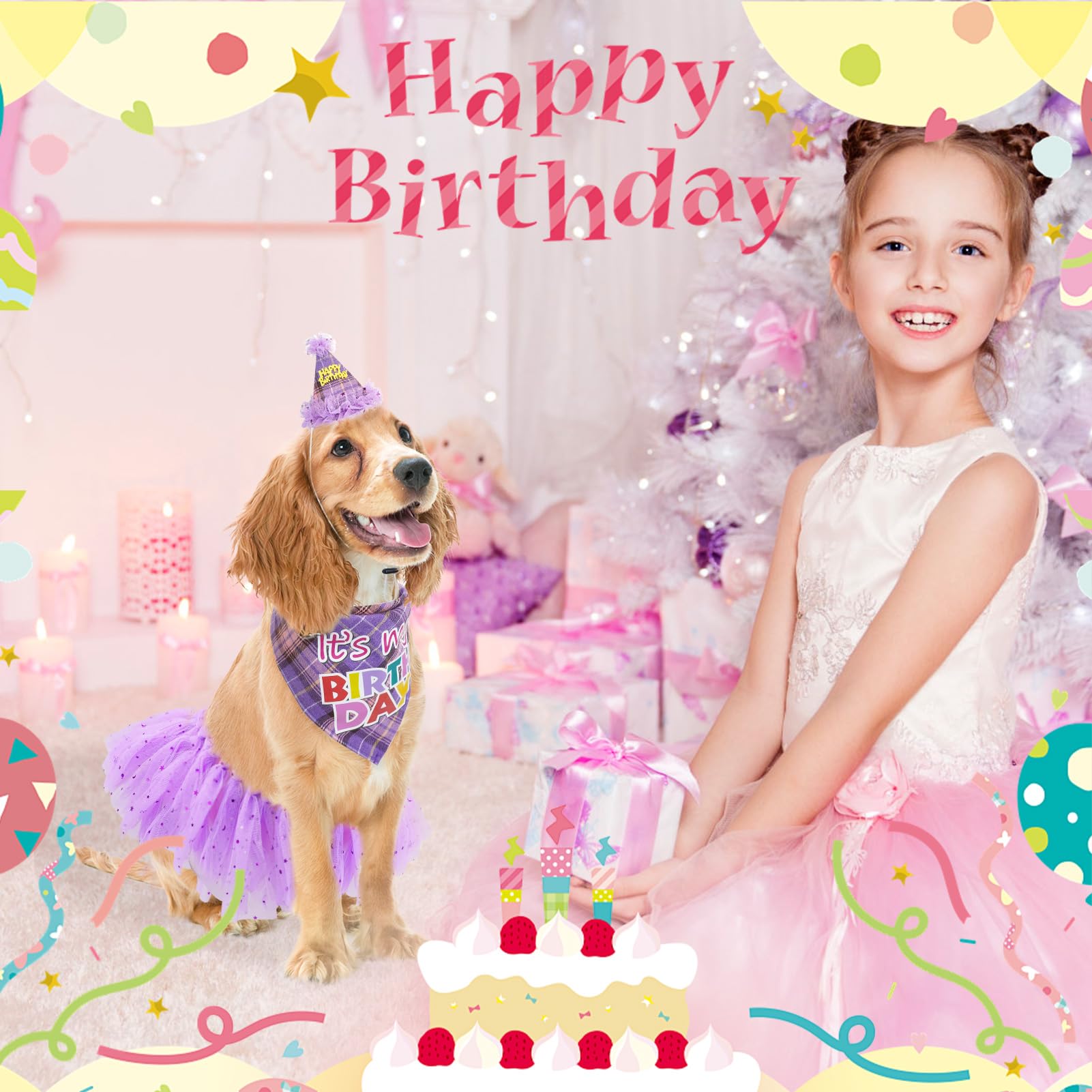 SCENEREAL Dog Birthday Bandana Hat with Dress Girl Set Party Supplies Plaid Puppy Birthday Outfit Cute Dog Tutus for Small Mediu