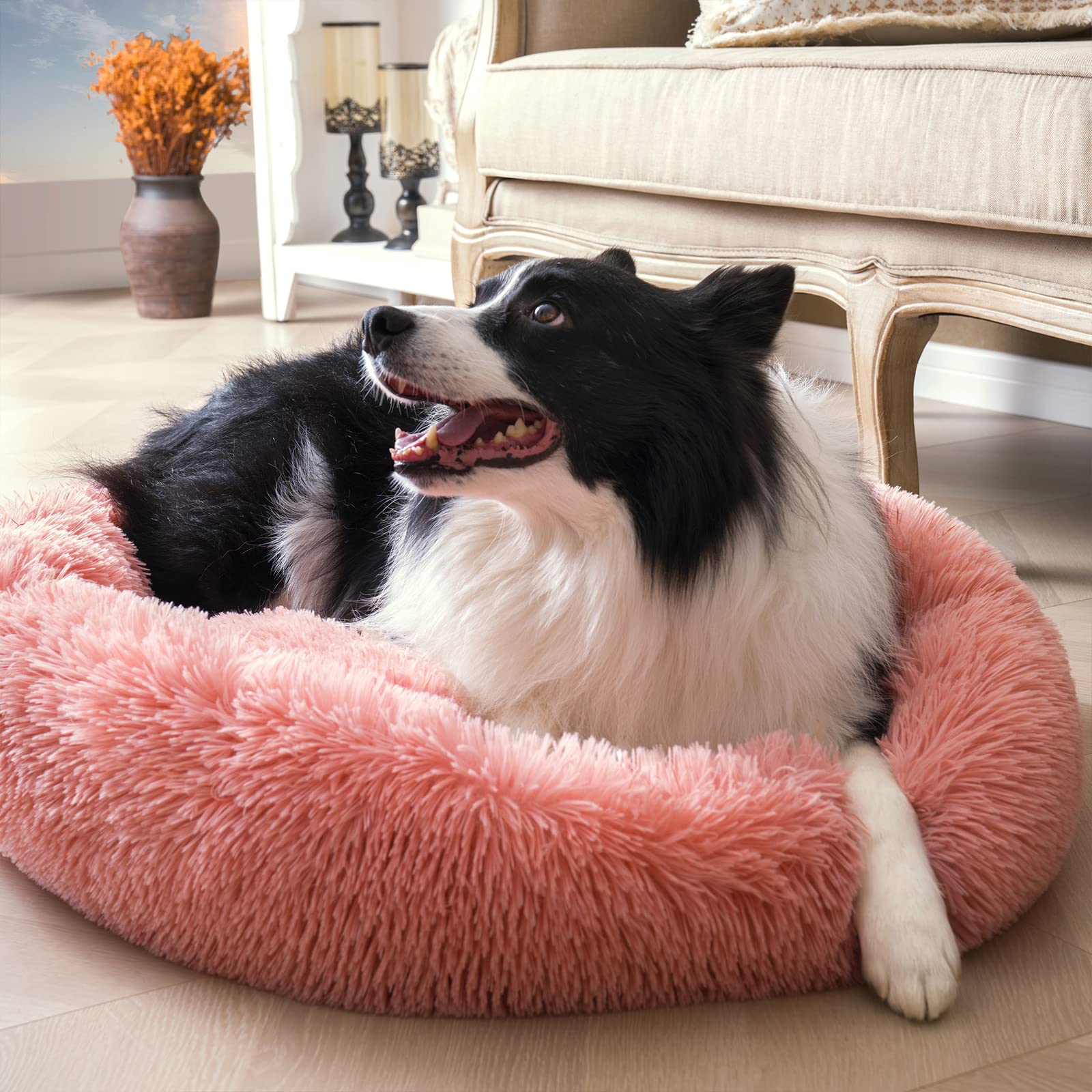 Calming Dog Bed For Large Dogs, Anti Anxiety Dog Bed, Round Dog Bed, Plush Faux Fur Dog Bed, Fluffy Dog Bed, Soft Cozy Pet Bed, Machine Washable, 30X30Inch Pink