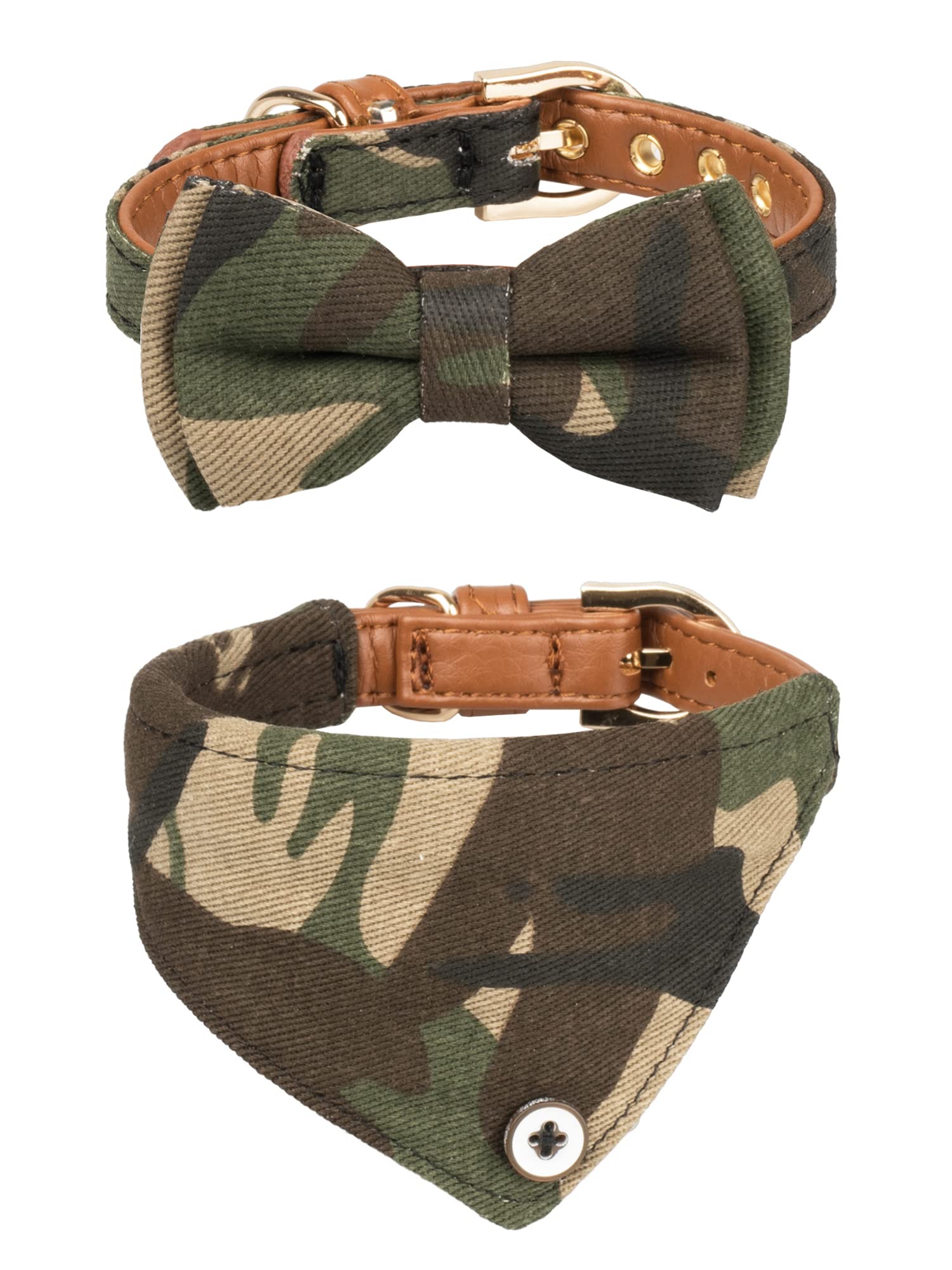 Gyapet Small Dog Collar Puppy Cat Tiny Pet Bow Tie & Bandana 2Pcs Set Pu Leather Canvas Scarf Durable Camo-Green