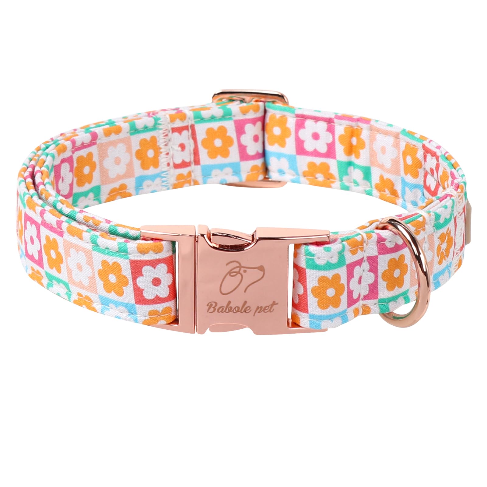 Babole Pet Spring Dog Collar, Pastel Checkered Flowers Pet Collar With Metal Buckel, Durable Adjustable Designer Dog Collars For