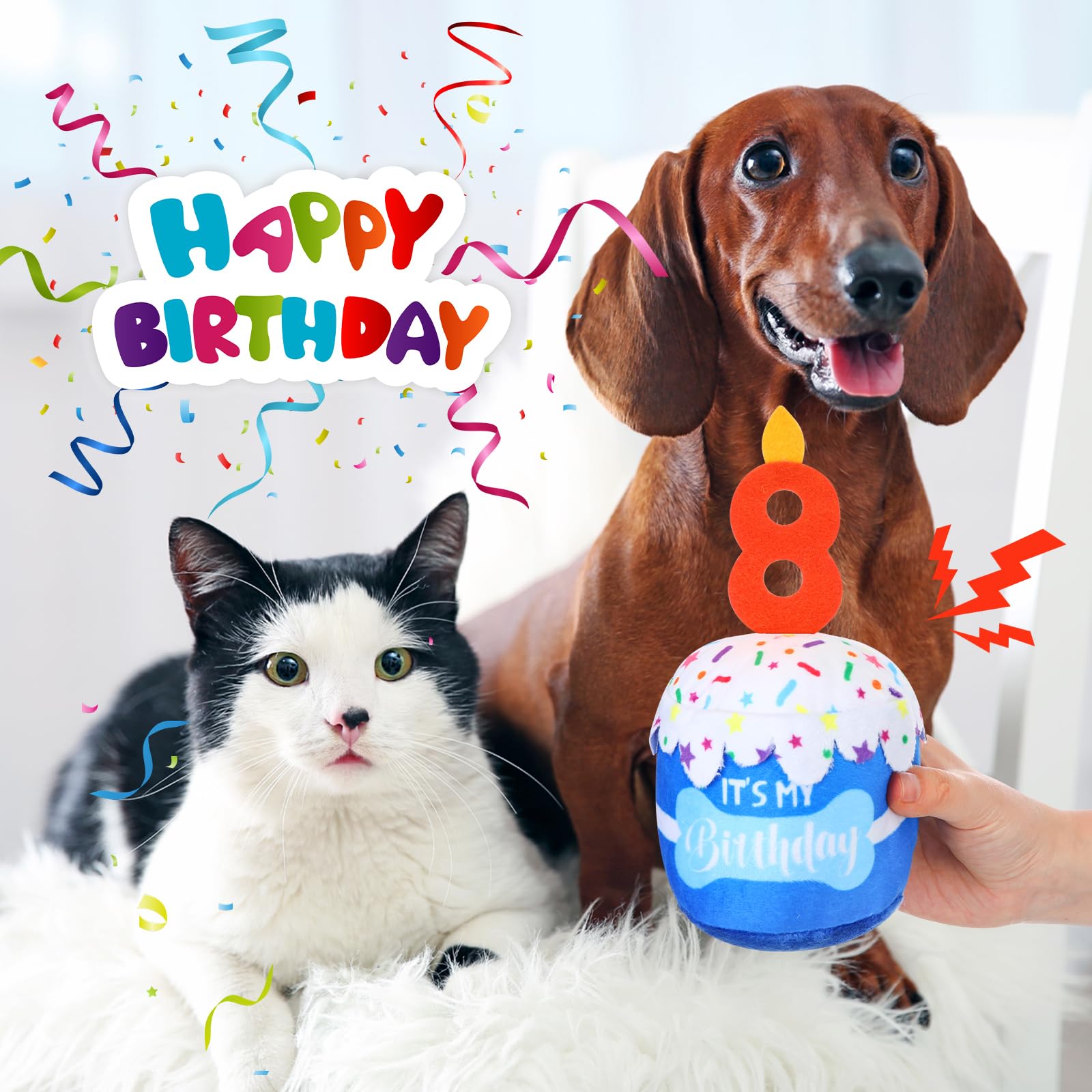 Dansydaisy Dog 8Th Birthday Cake Toy Accessories For Girl Boy Gifts, Blue Squeaky Plush Toy For Dog Birthday Party Decor Favor F