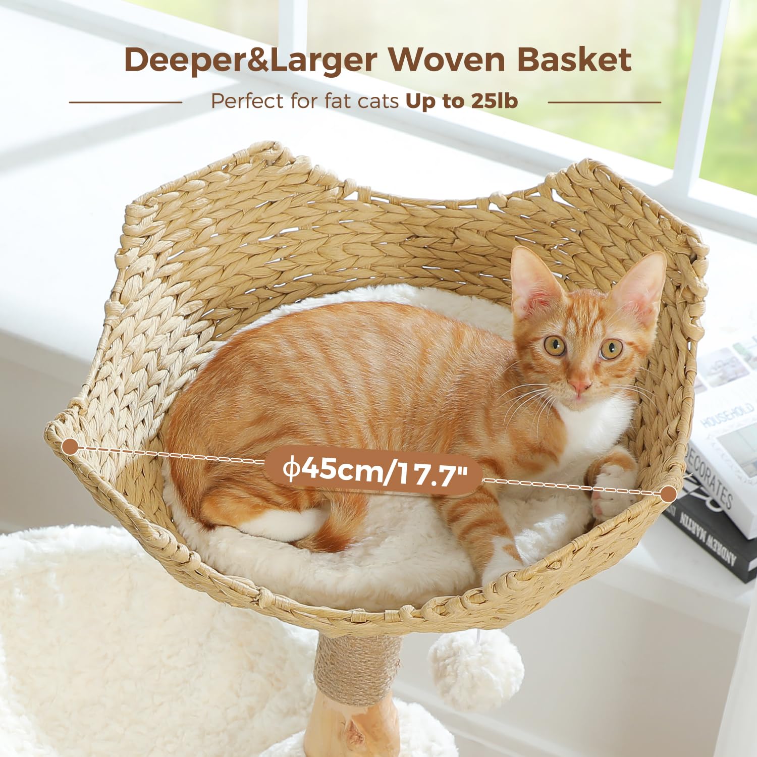 Pawz Road Modern Cat Tree With Natural Solid Wood Scratching Post, 40 Inches Cat Tower With Spacious Wicker Basket,Large Hammock