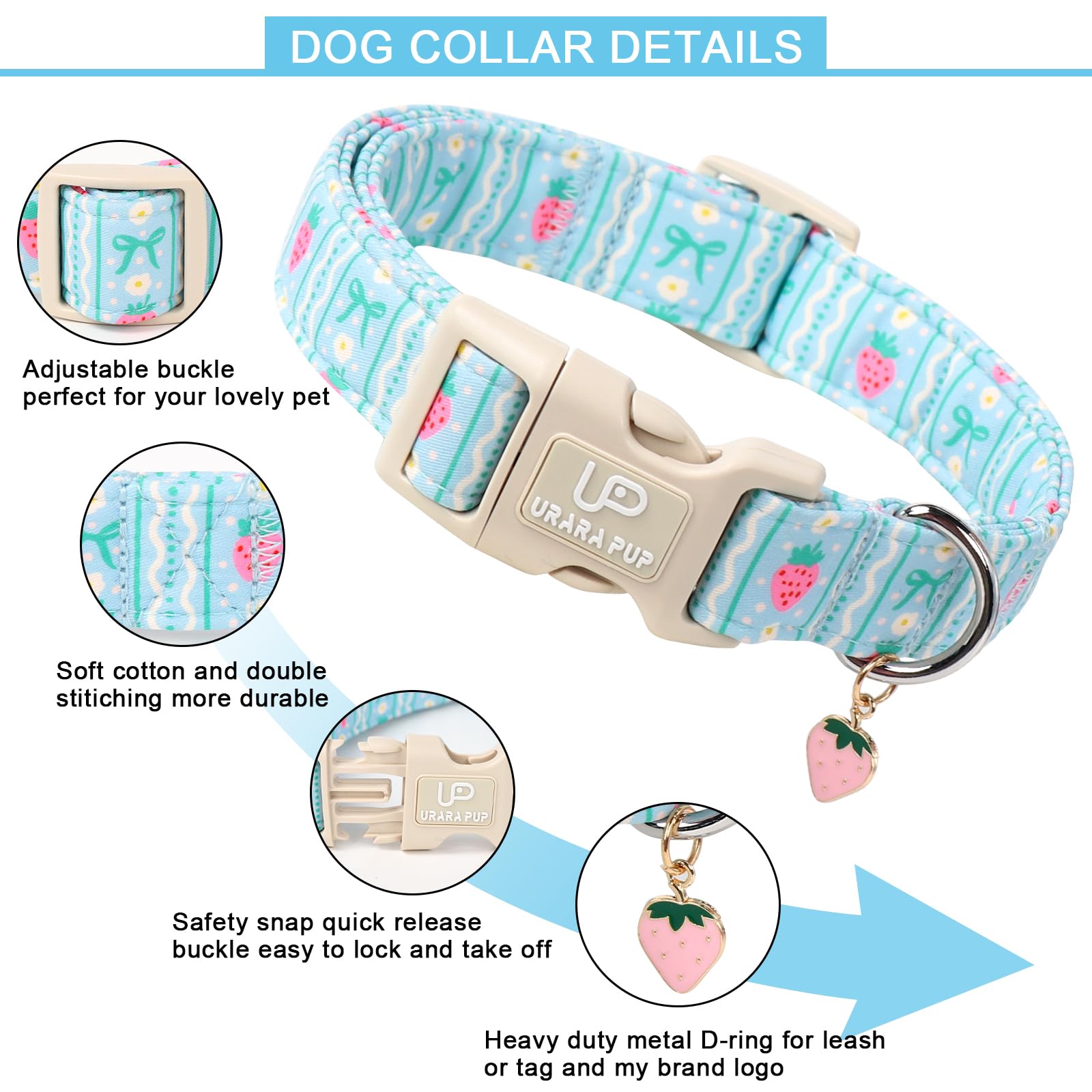 Up Urara Pup Dog Collar-Adorable Spring/Summer Puppy Collars-Adjustable Strawberry Pet Collar For Small,Medium,Large Dogs
