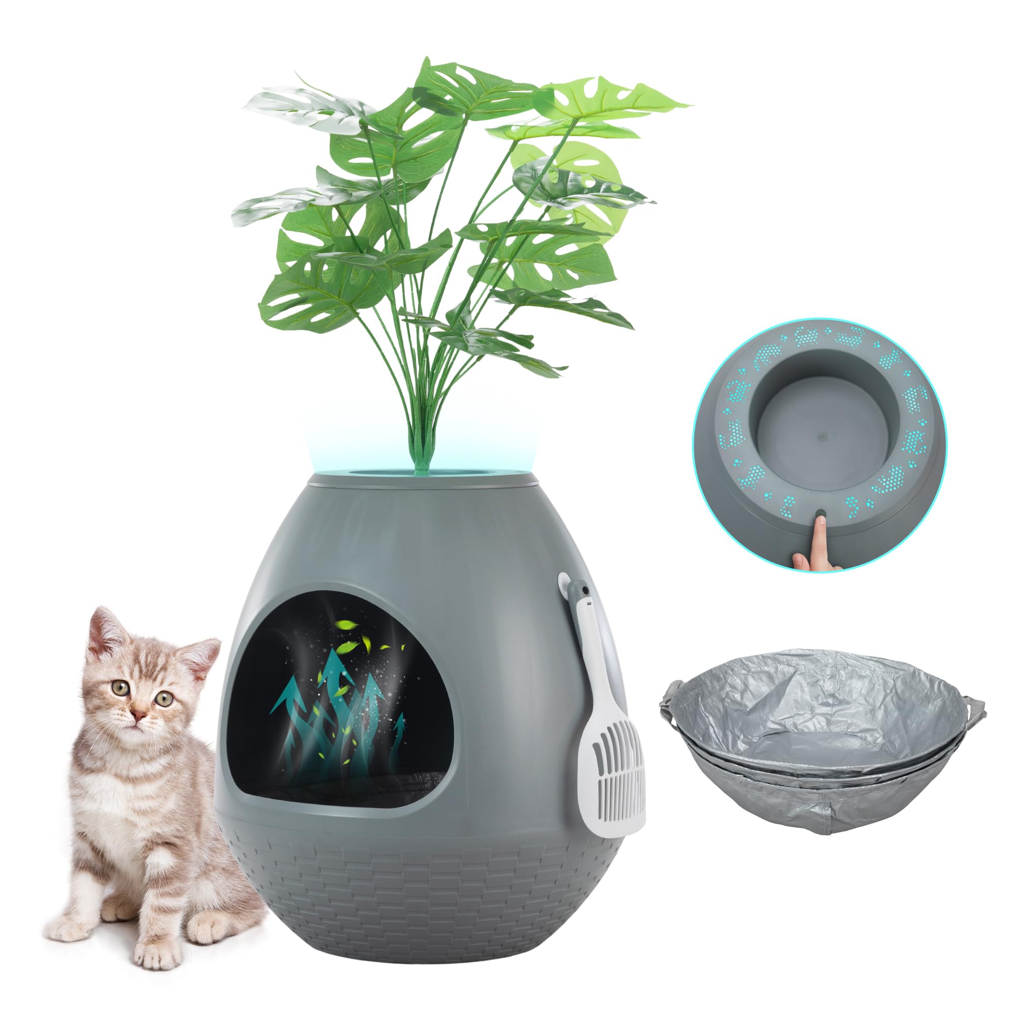Egglao6 Plant Litter Box Furniture - Secret Kitty Enclosure With Odor Removal System, Decorative Top And Cat Litter Scoop, Quick
