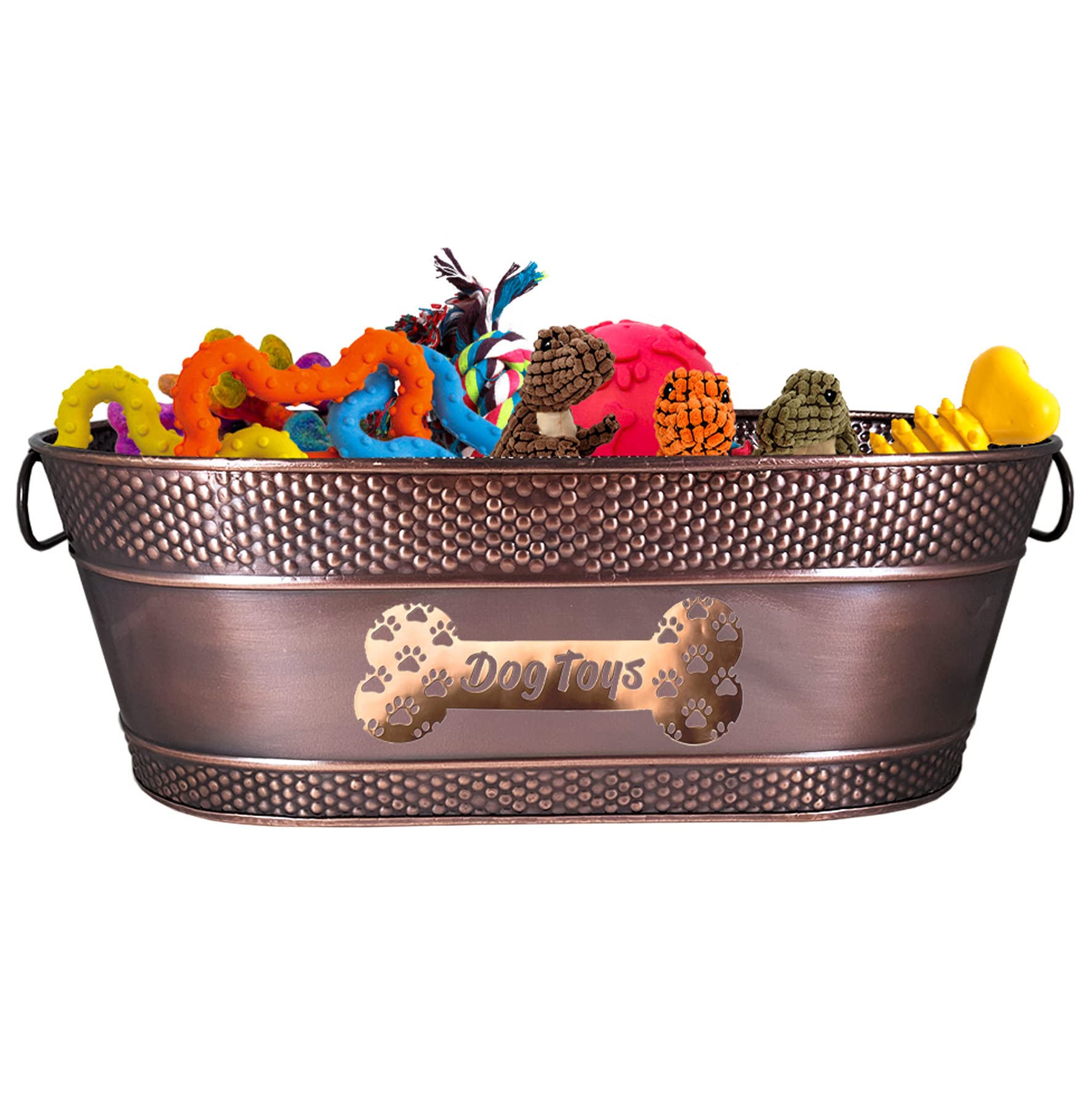 BREKX Metal Dog Toy Bin - Galvanized Organizer Basket, 15 Quart, Copper, Pawprint Design, Ideal for Pet Toys and Home Decor