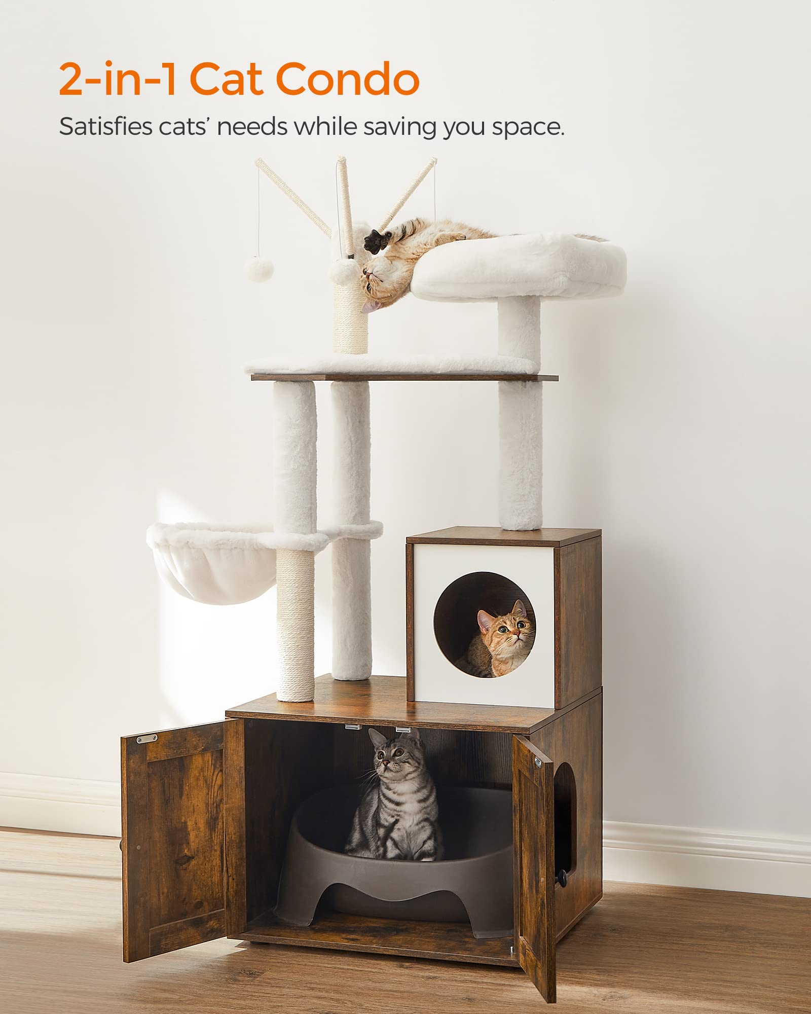 FEANDREA Cat Tree with Litter Box Enclosure, 22.6"x19.7"x55.1", Rustic Brown, 2-in-1 Design, Plush Material, Scratching Posts
