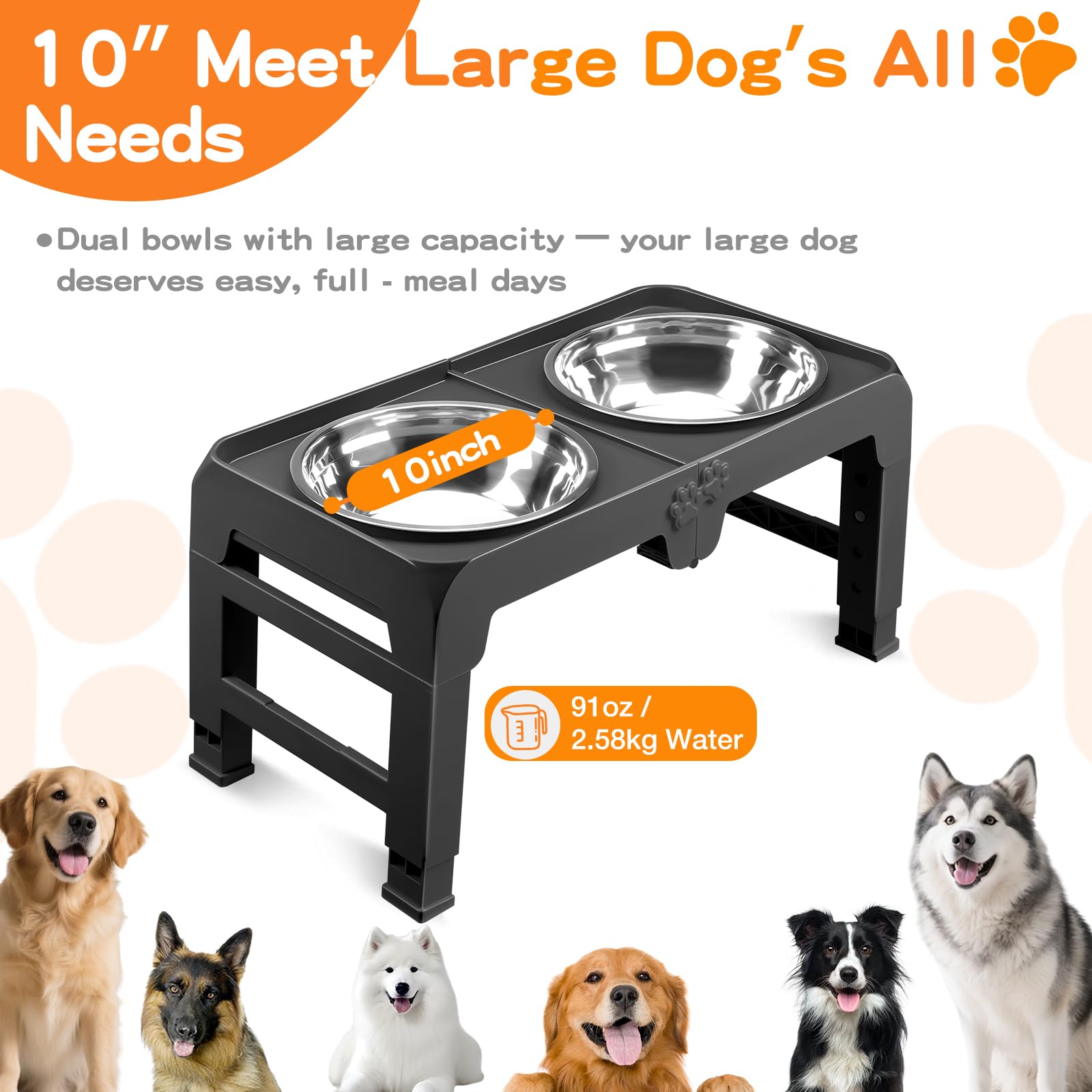 Elevated Dog Bowl Stand for Large Dogs - 2 Extra Large 10    Stainless Steel Bowls, 5 Adjustable Heights(7.5-15.4), Foldable Non