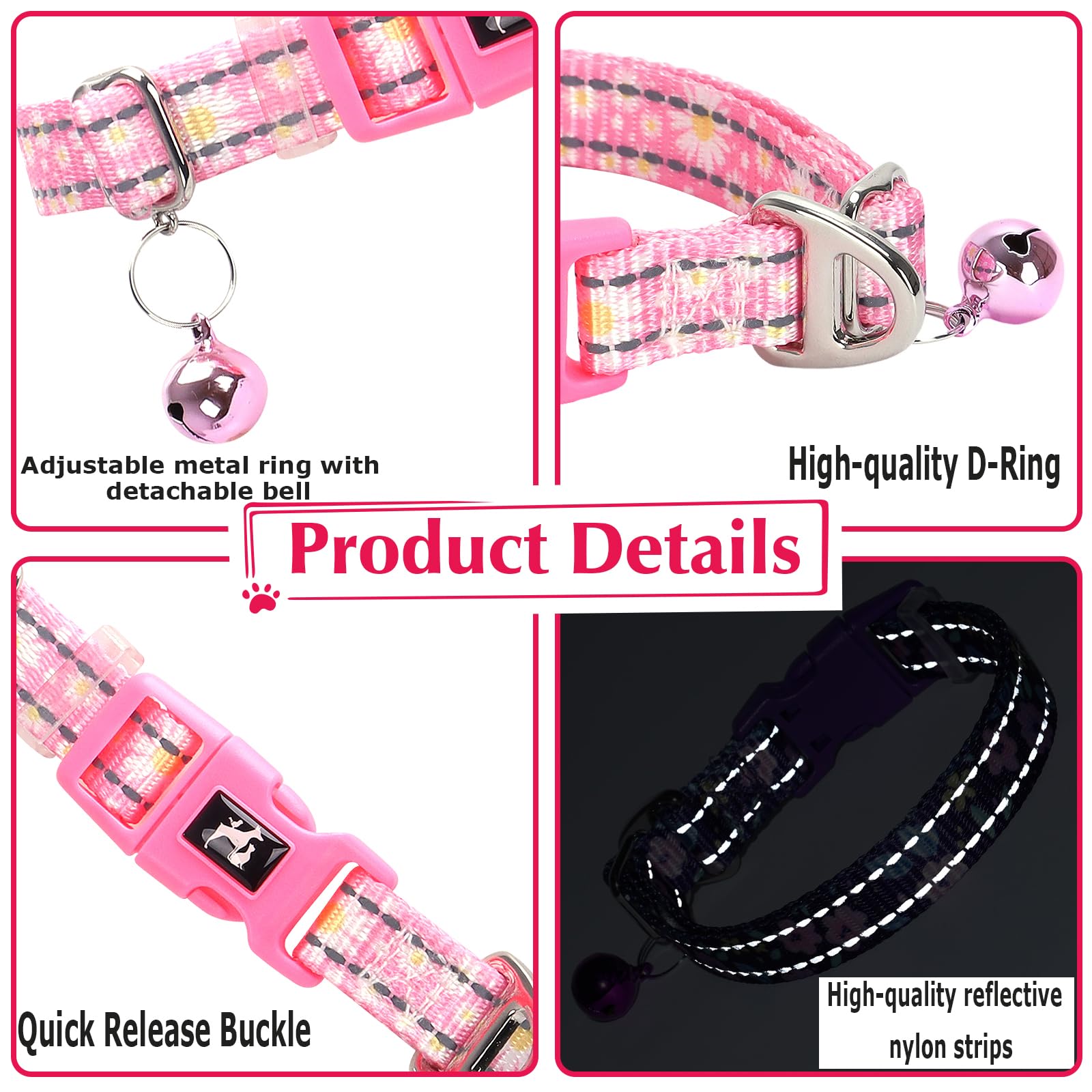 Small Dog Collar With Bell - Cute Pink Daisy Design Reflective Nylon For Puppy Collar,Adjustable & Durable For Puppies, Night Sa