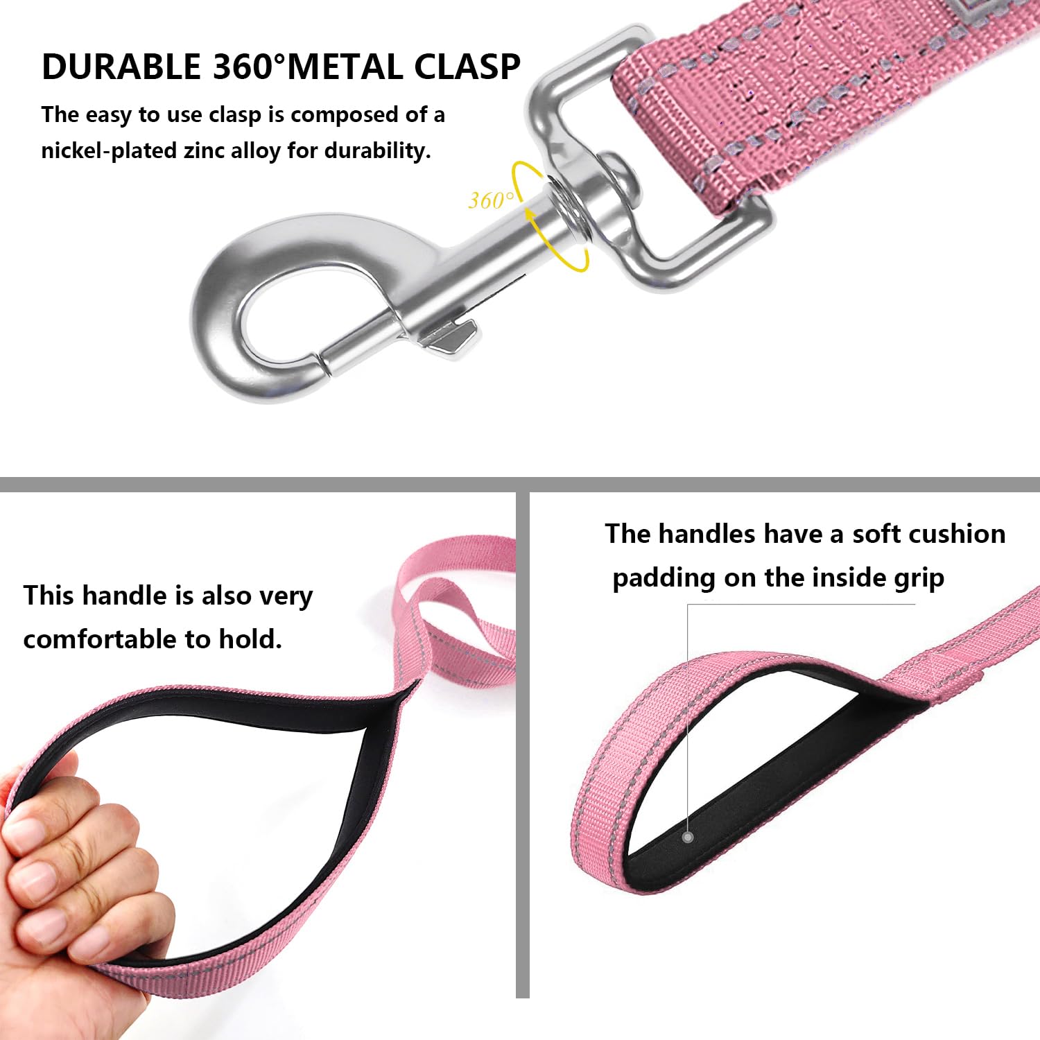 Penseepet Dog Leash 6 Ft Padded Handle Nylon Reflective Dogs Leashes For Medium Dogs Pink