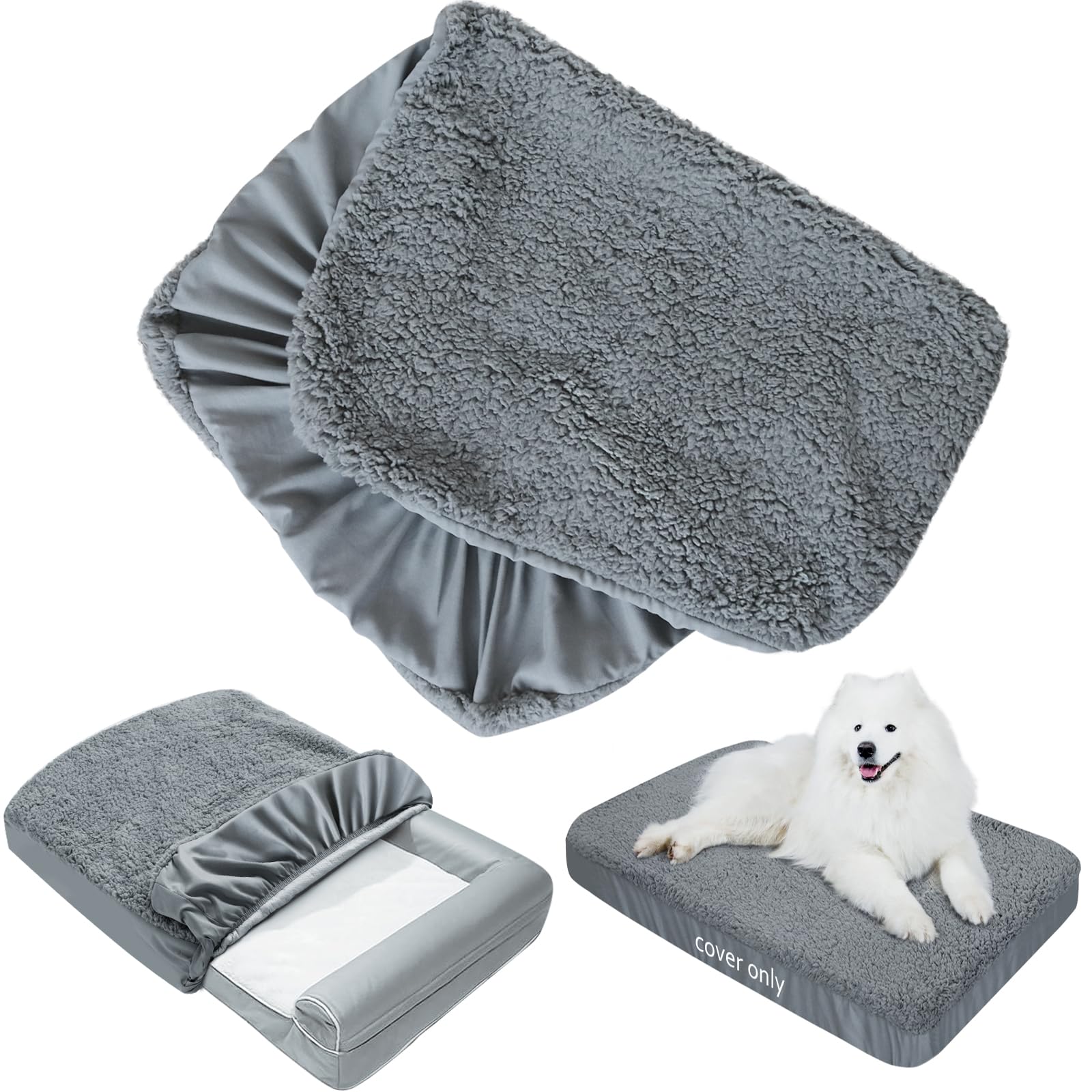 Dog Bed Covers Soft Plush Replacement Washable, Waterproof Pet Mattress Bed Liner Grey 41X29 Inches, For Dog/Cat, Cover Only