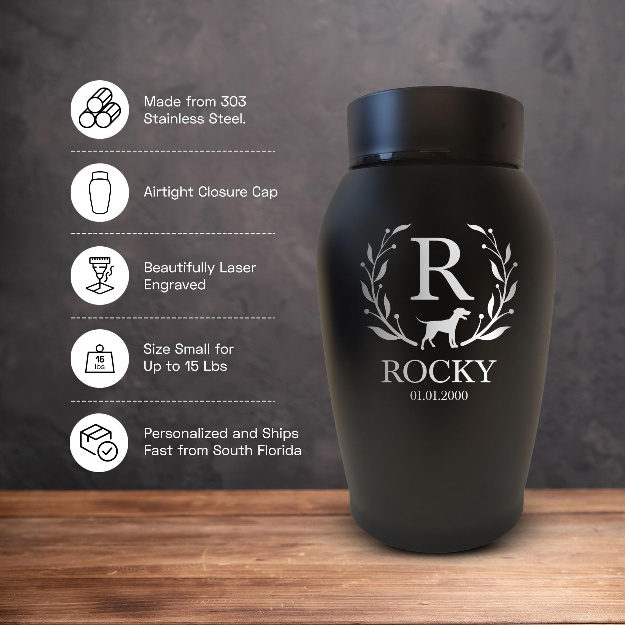 Personalized Custom Small Keepsake Urn Engraved With Pet Name, Date, And Dog Design - 5.2' Black Powder Coated Steel Cremation