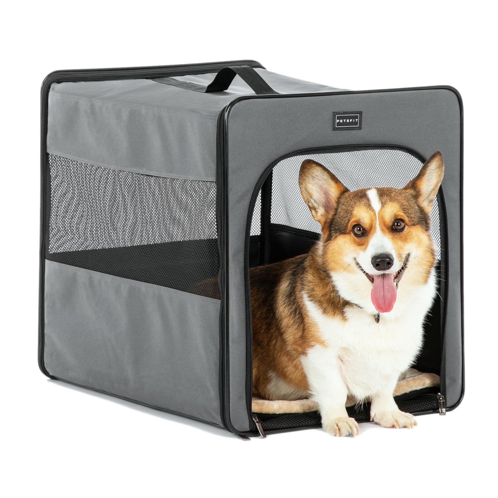 Petsfit Collapsible Dog Crate, Upgrade Zipper And Strengthen The Seam, To Prevent From Escaping, Dog Travel Crate 24 Inch Grey