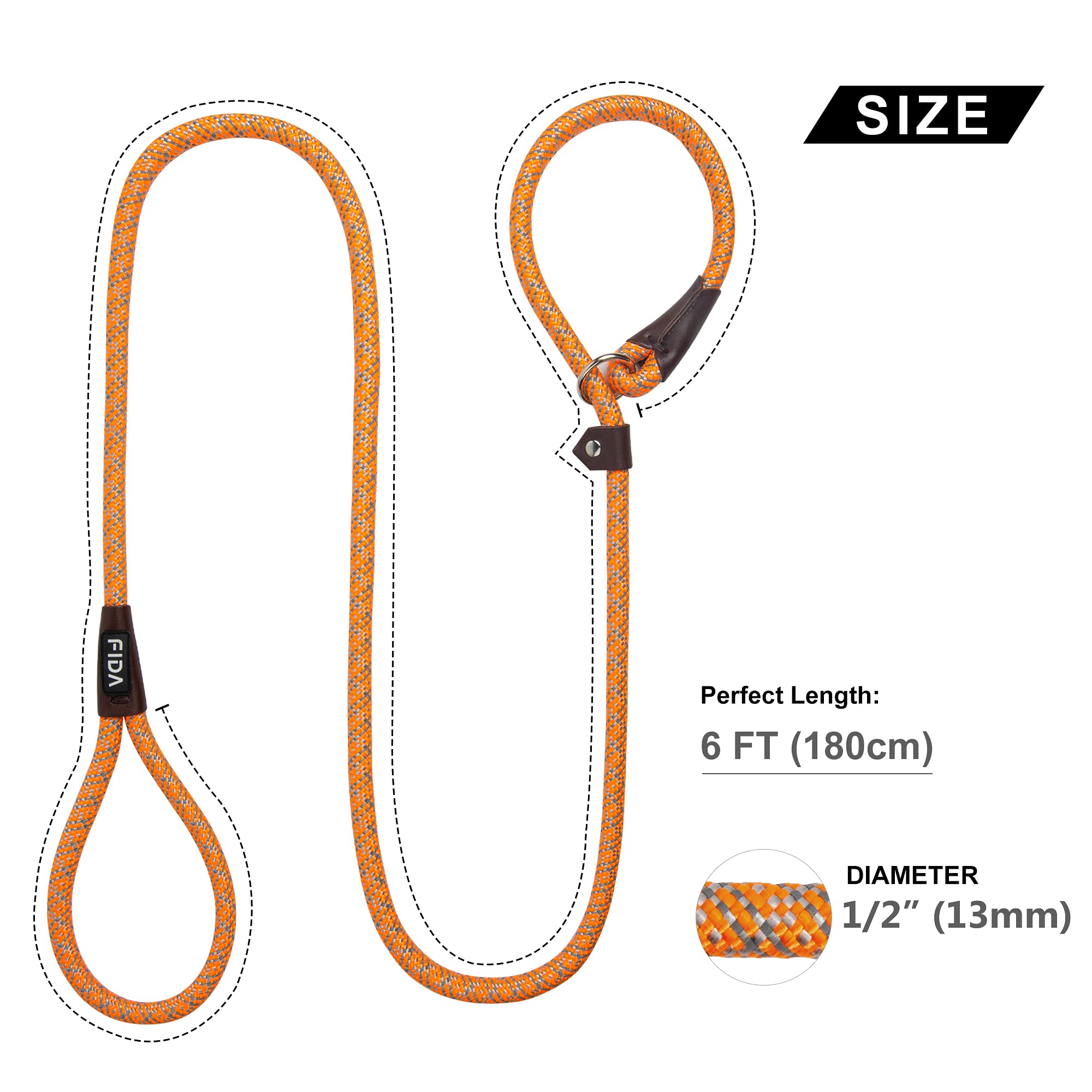 Fida Durable Slip Lead Dog Leash Bulk Pack Of 5, Heavy Duty 1/2' X 6 Ft Comfortable Strong Rope Slip Leash For Large, Medium Dogs No Pulling Pet Training Leash With Highly Reflective (Orange)