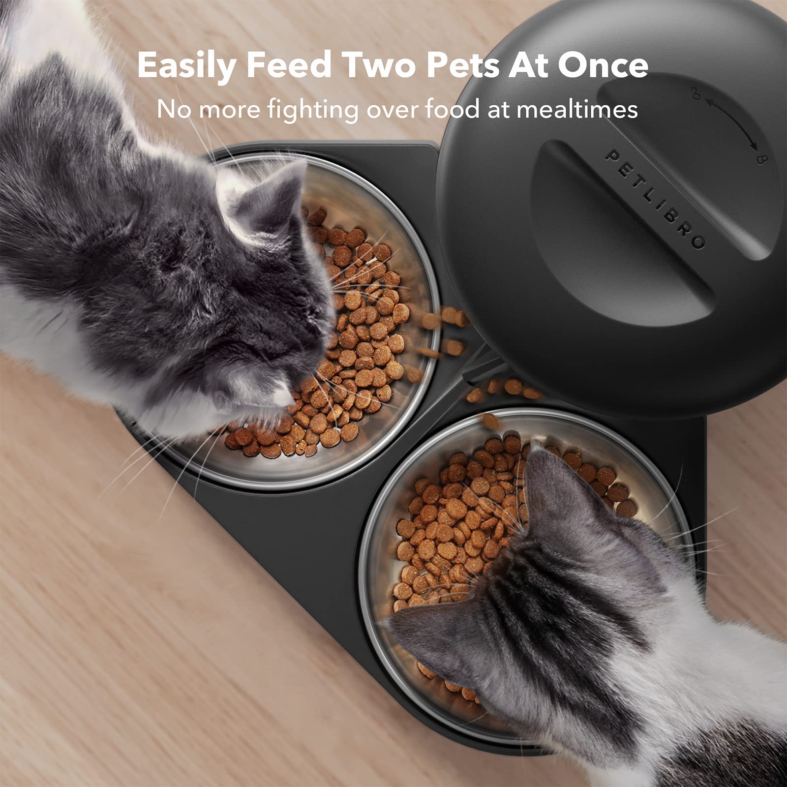 PETLIBRO Automatic Cat Food Dispenser for Two Cats 5L Auto Cat Feeder Dry Food Dispenser with Splitter & 2 Stainless Bowls, 10s