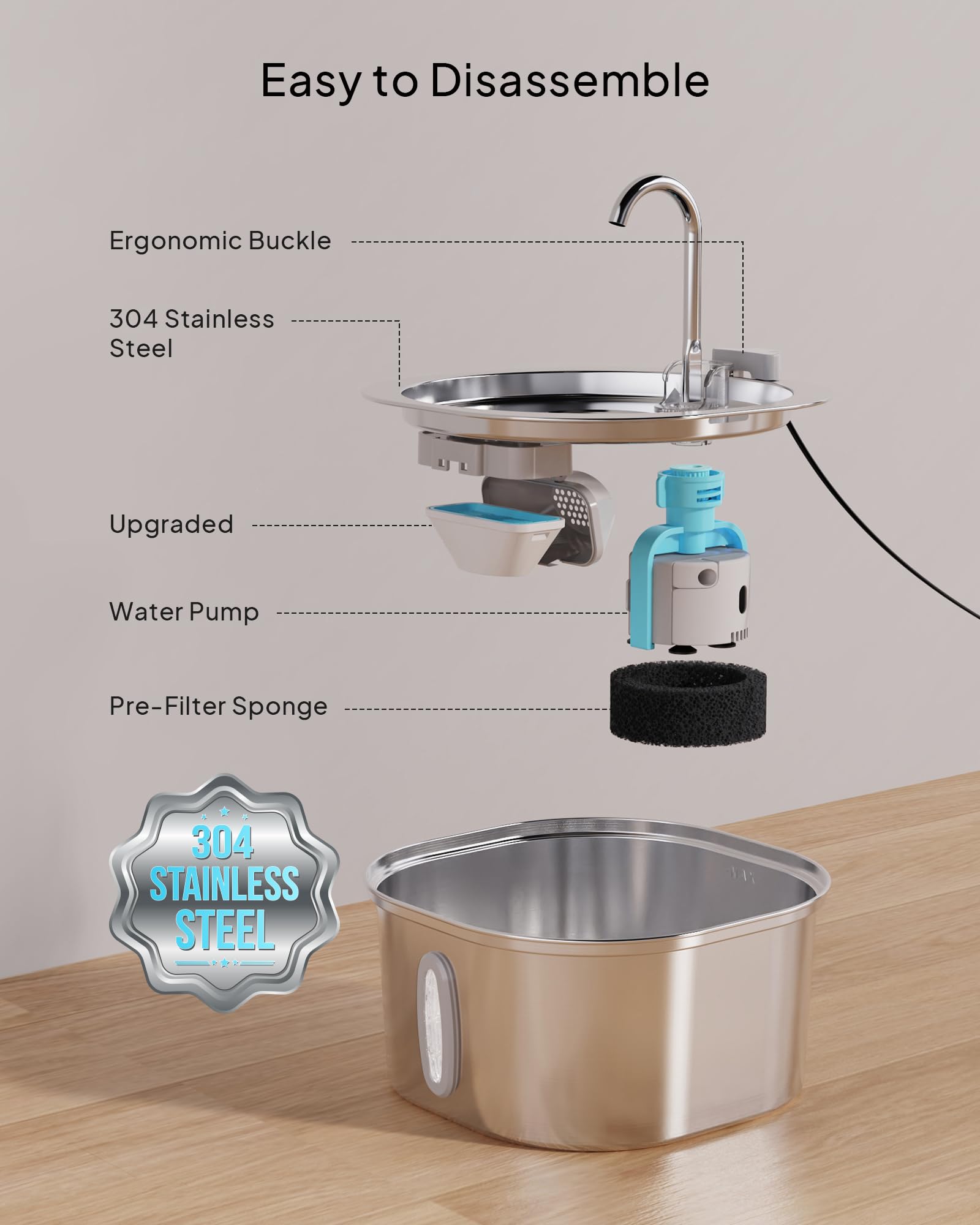 Cat Water Fountain - 3.2L/108Oz Stainless Steel Pet Water Drinking Fountain For Cats Indoor, Dog Water Fountain With Water Level Window And 6 Filters + 6 Sponges
