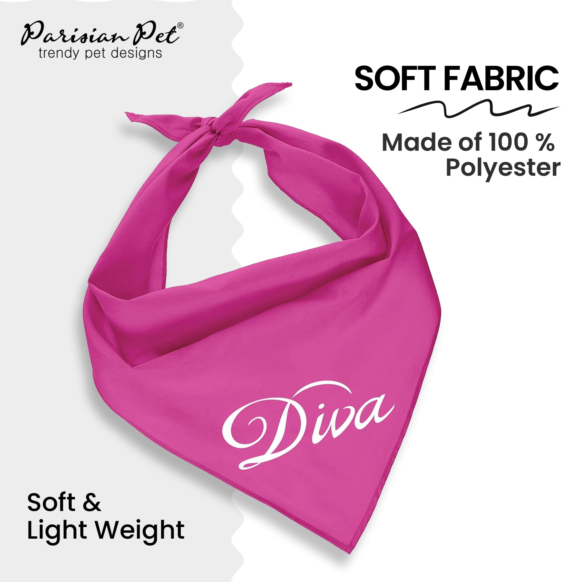 Parisian Pet Dog Bandanas With Printed 'Diva' Word - Classy Tie-On Adjustable Girl Dog Bandana - Dog Scarf For Large Dogs - Washable Triangle Female Dog Bib - Pink Handkerchief For Pets - L