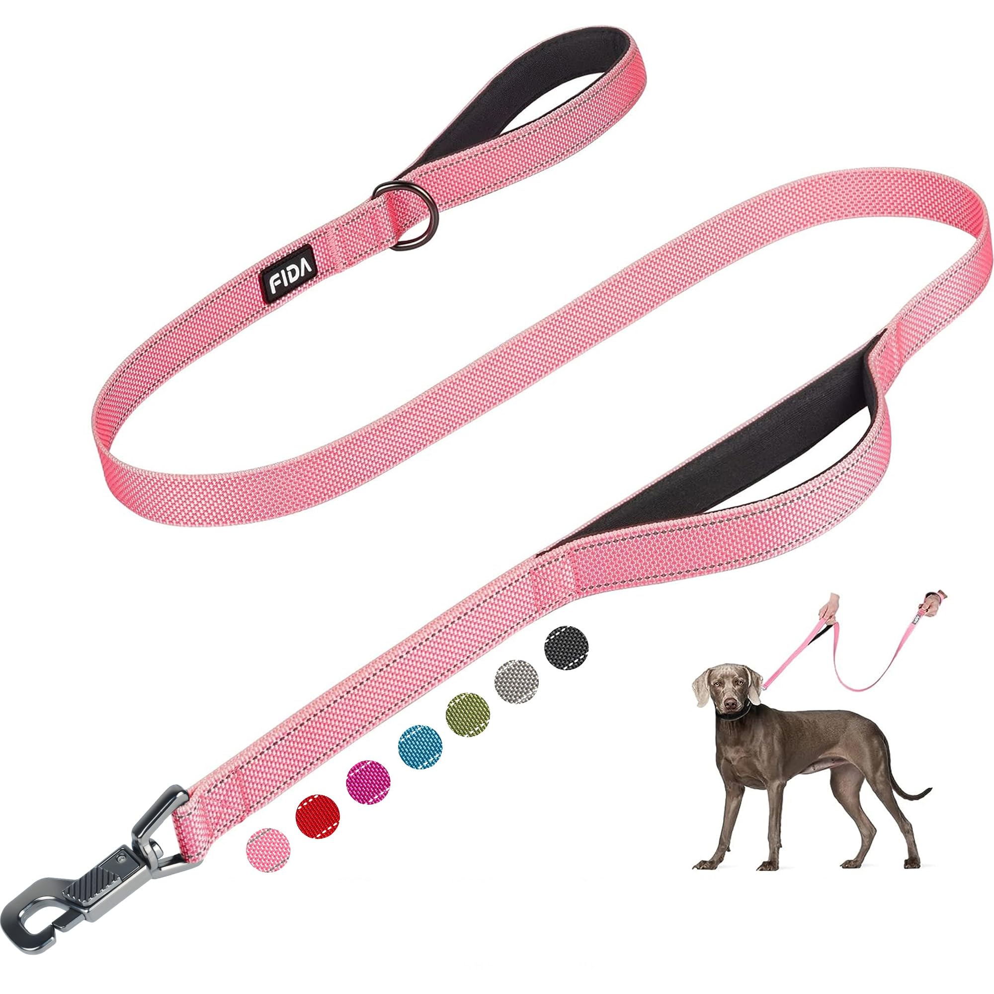 Fida 5 Ft Heavy Duty Dog Leash With 2 Comfortable Padded Handles, Traffic Handle & Advanced Easy Snap Hook, Reflective Walking Lead For Large, Medium & Small Breed Dogs, Pink