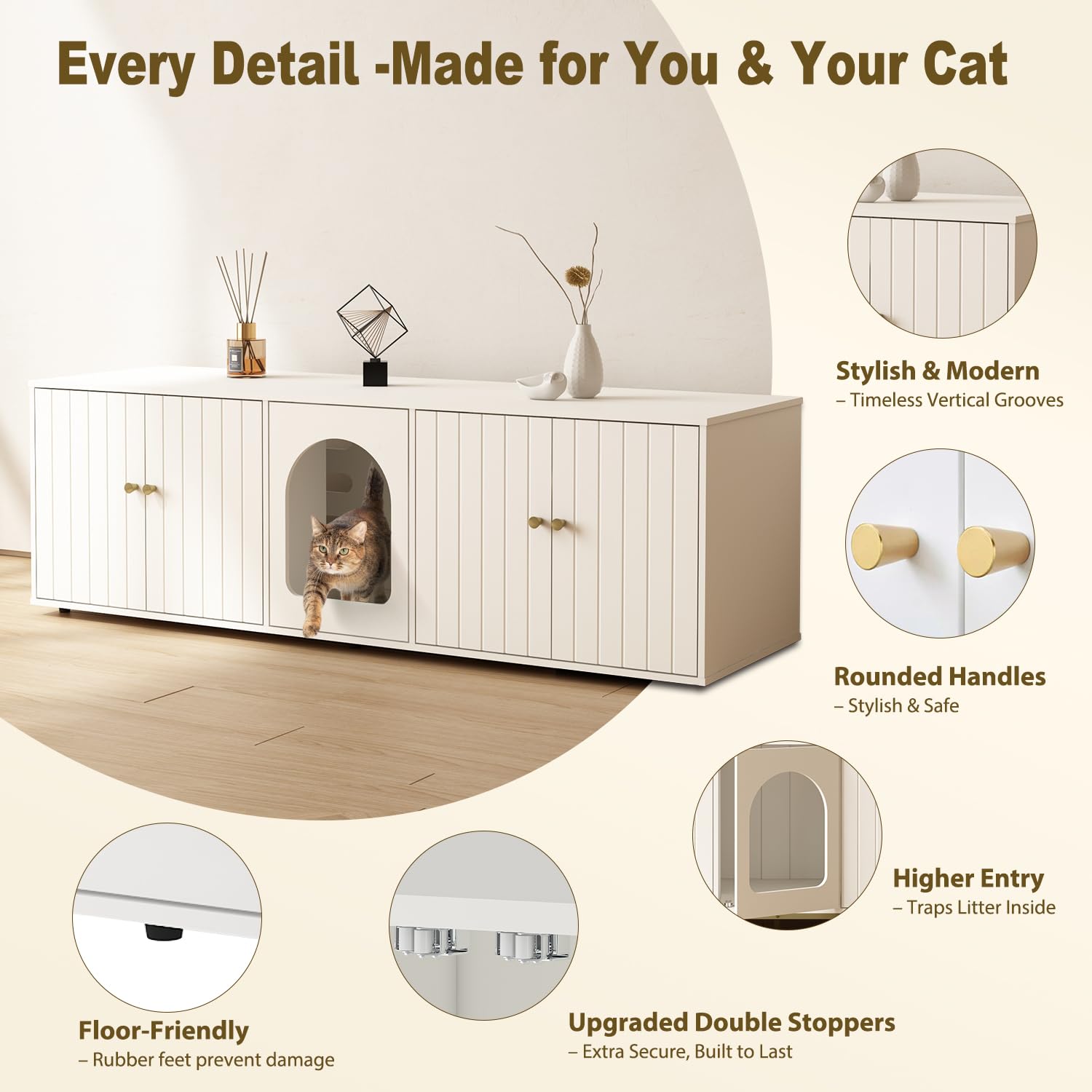 Cat Litter Box Enclosure For 2 Cats, Litter Box Furniture With Double Room, Central Entry, And Dual Use As Tv Stand For Living R