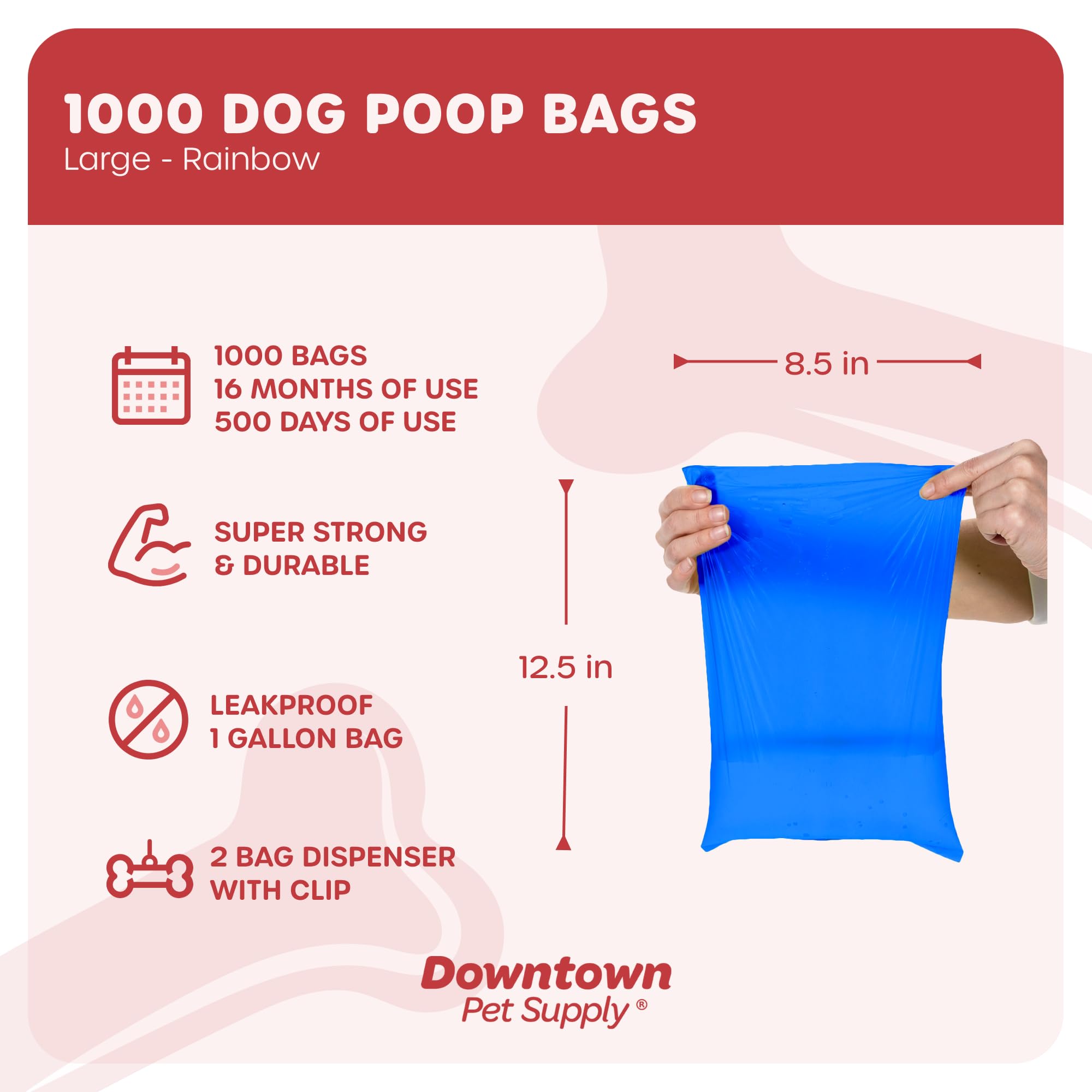 Downtown Pet Supply Dog Poop Bags - Leak-Proof, Unscented, 1000 Ct, Rainbow, Includes 2 Dispensers, Fits Leashes & Harnesses