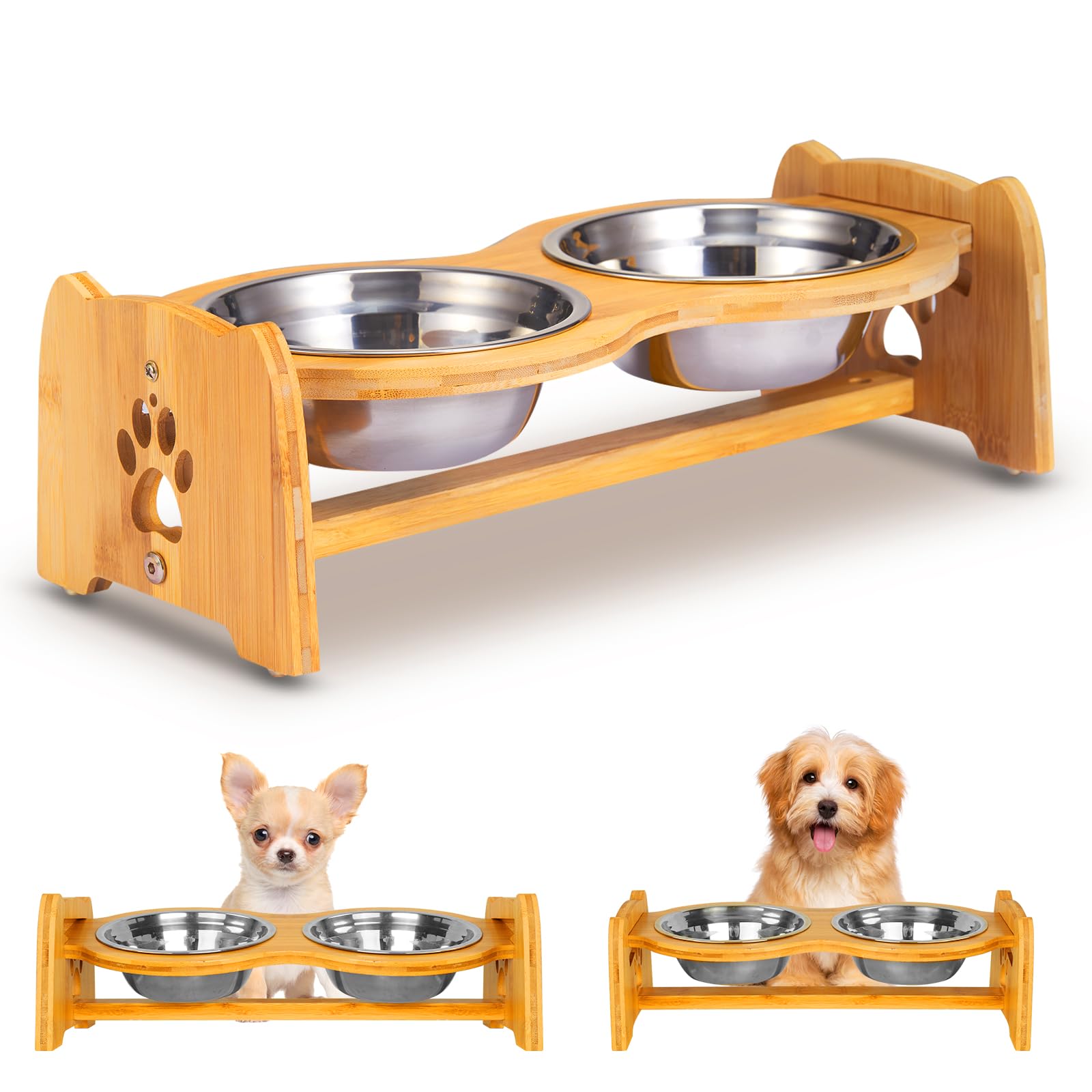 X-ZONE PET Elevated Dog Bowls for Cats and Dogs, Adjustable Bamboo Raised Dog Bowls for Small Dog, Food and Water Set Stand Feed