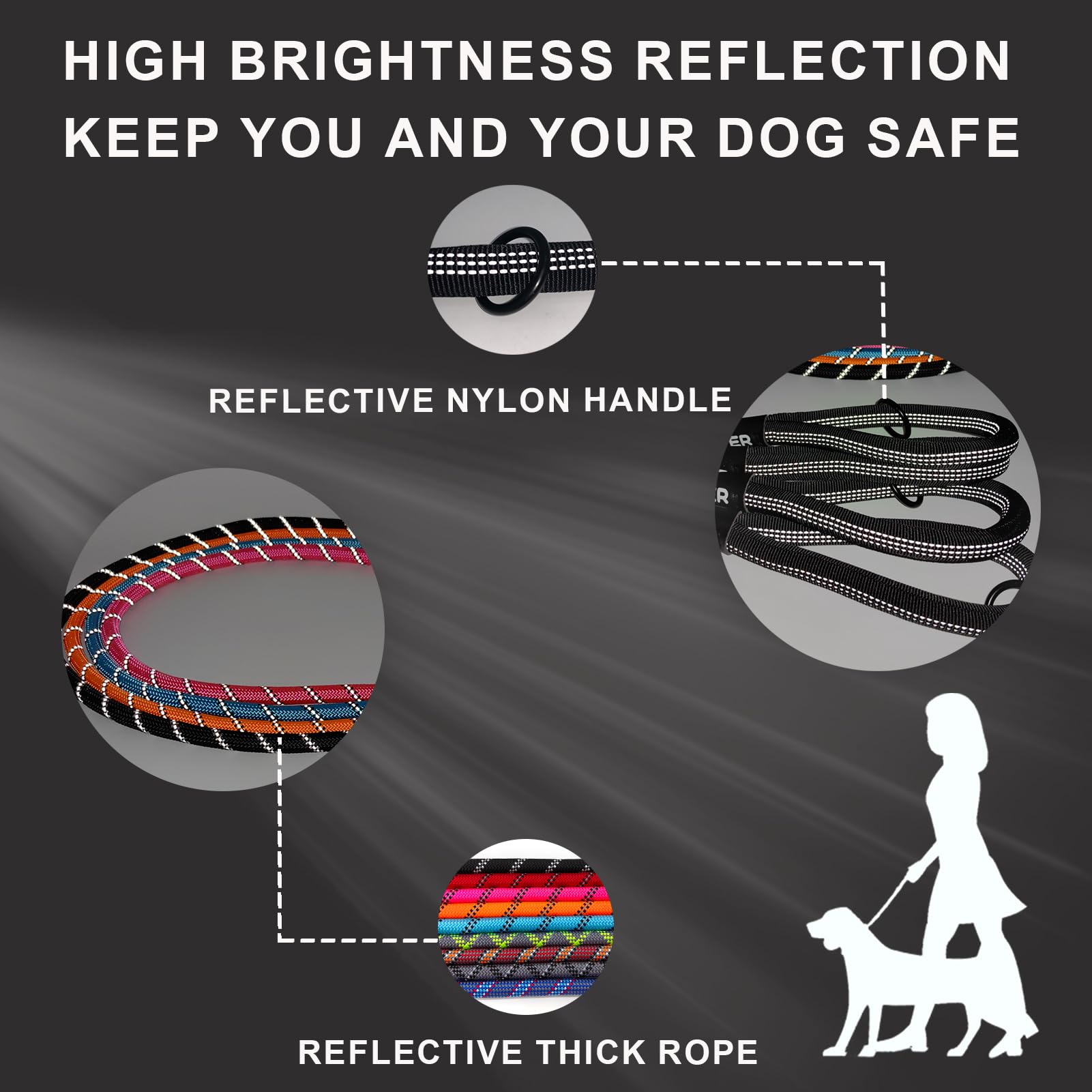 ZALER Short Dog Leash, 18 Inches Rope Traffic Leashes for Dogs, Reflective Dog Lead with O-Ring, Heavy Duty Pet Leash for Large