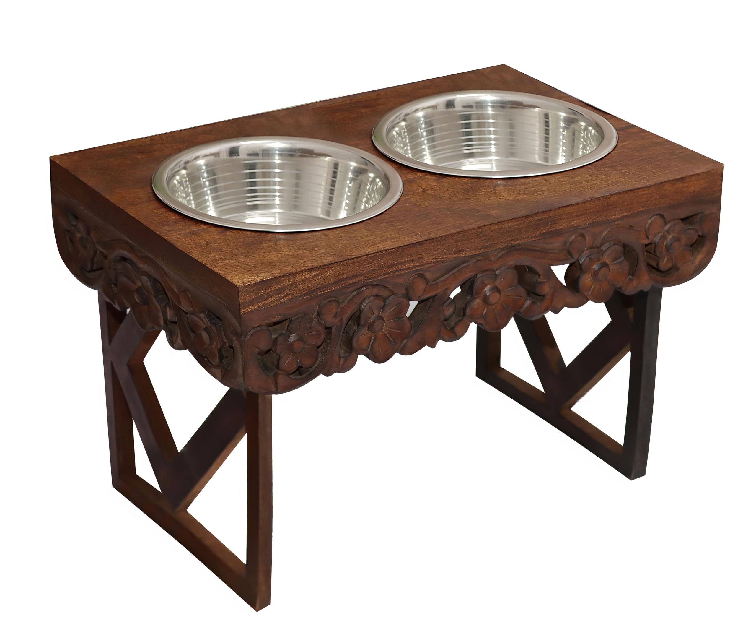 Elevated Pet Feeder for Dogs and Cats - The Bali Carved Wood Pet Feeding Stand with Two Stainless Steel Bowls - Three Heights Ad