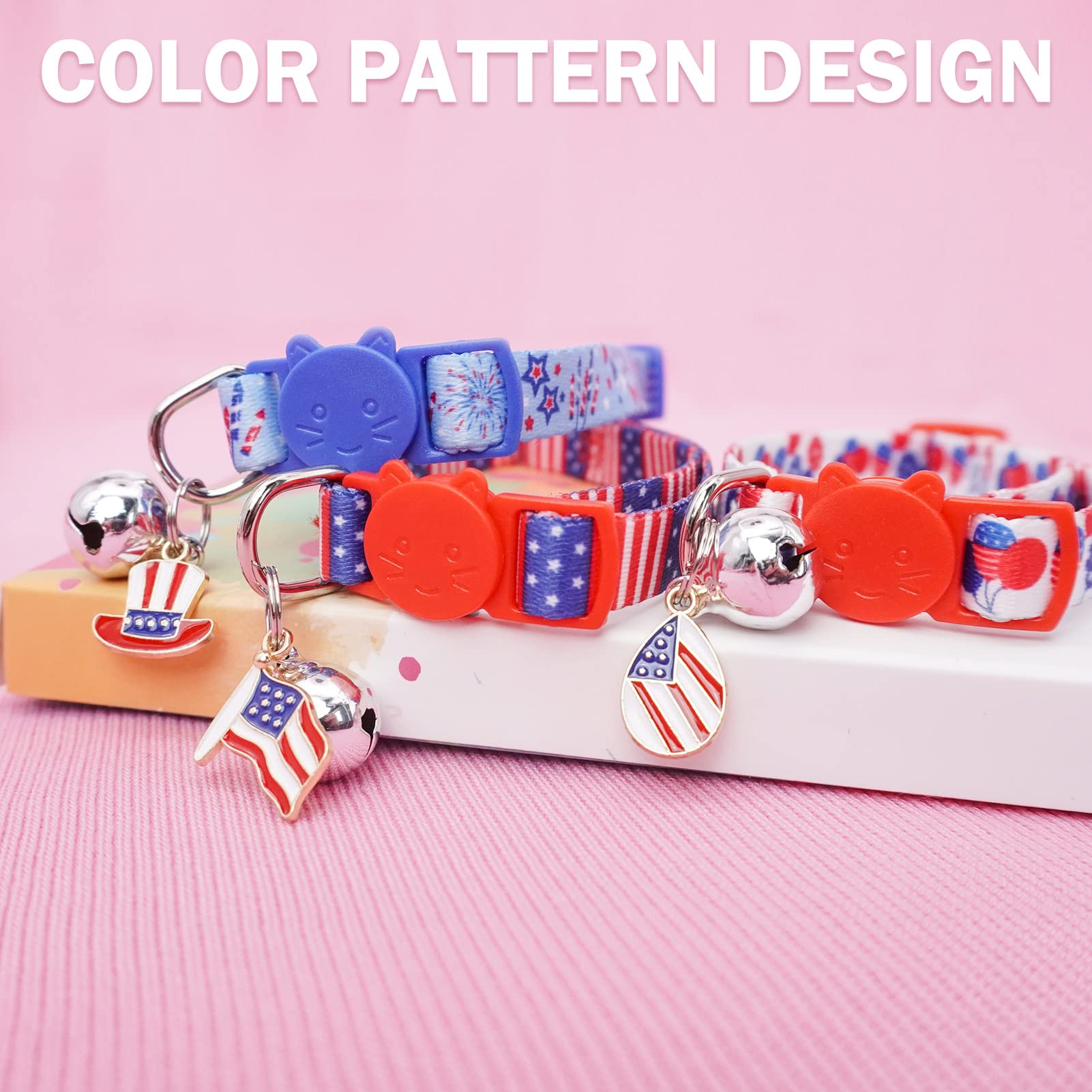 Dillybud 3 Pack Breakaway Cat Collars With Bell- 4Th Of July Cat Collar,Independence Holiday American Flag Kitty Collar For Girl