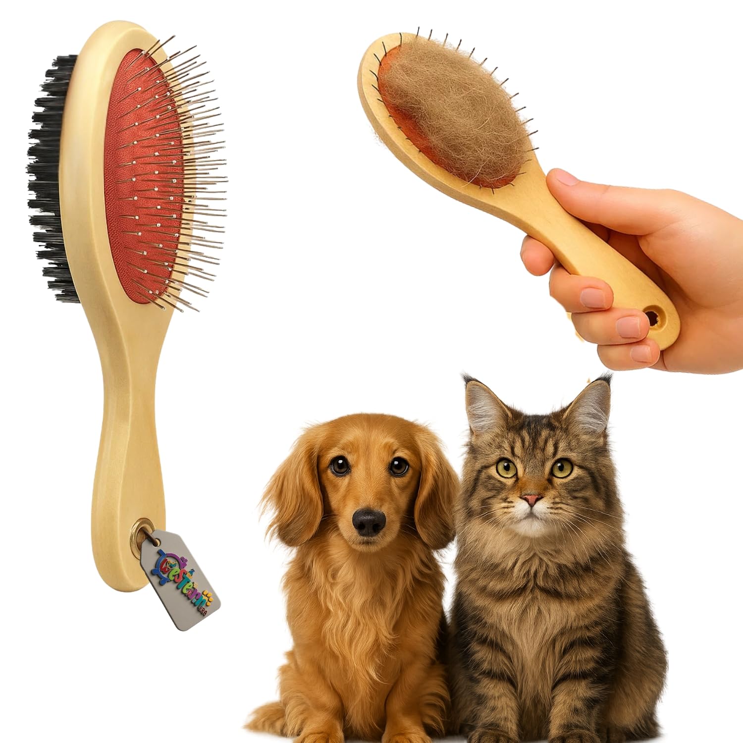 Western Era 15Cm Double Side Pet Grooming Brush  Wooden Handle Dog & Cat Comb With Metal Pins On One Side & Soft Bristle Brush 