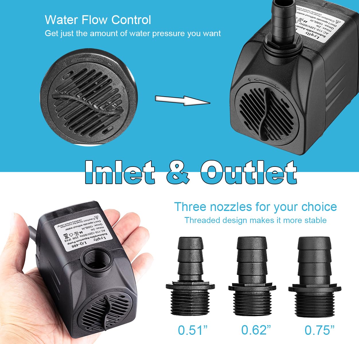 LYQILY 400GPH Submersible Water Pump - 1500L/H, 25W, Ultra Quiet, Black, Ideal for Fountains, Hydroponics, Ponds, Aqu