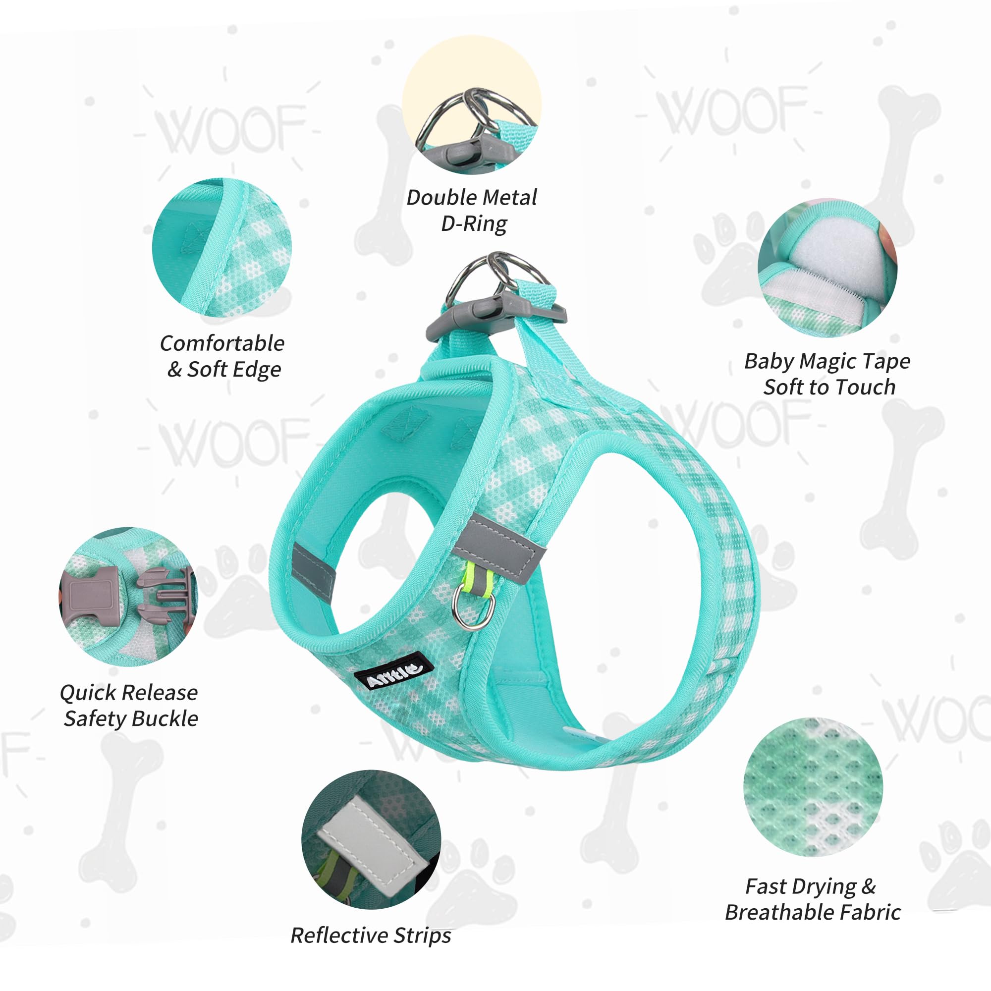 Aiitle Breathable Mesh Dog Vest Harness, No Pull Escape Proof Vest Harnesses With Reflective Bands, Adjustable Plaid Pet Outdoor