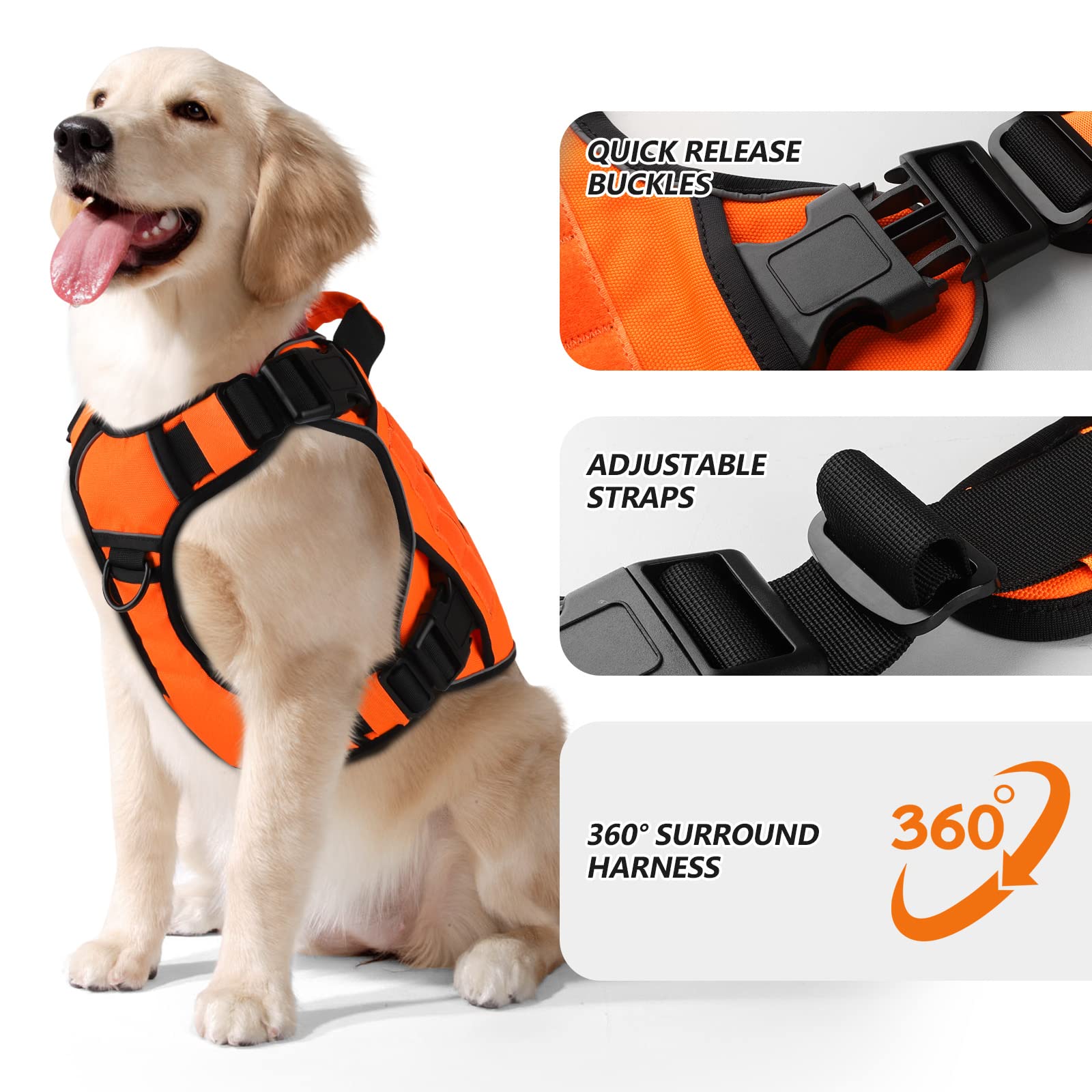 Wingoin Orange Tactical Dog Harness Vest For Large Dogs No Pull Adjustable Reflective Military Pet Harness With Handle For Golden Retriever, Doberman Pinscher, Rottweiler, Great Dane Service Dog (Xl)
