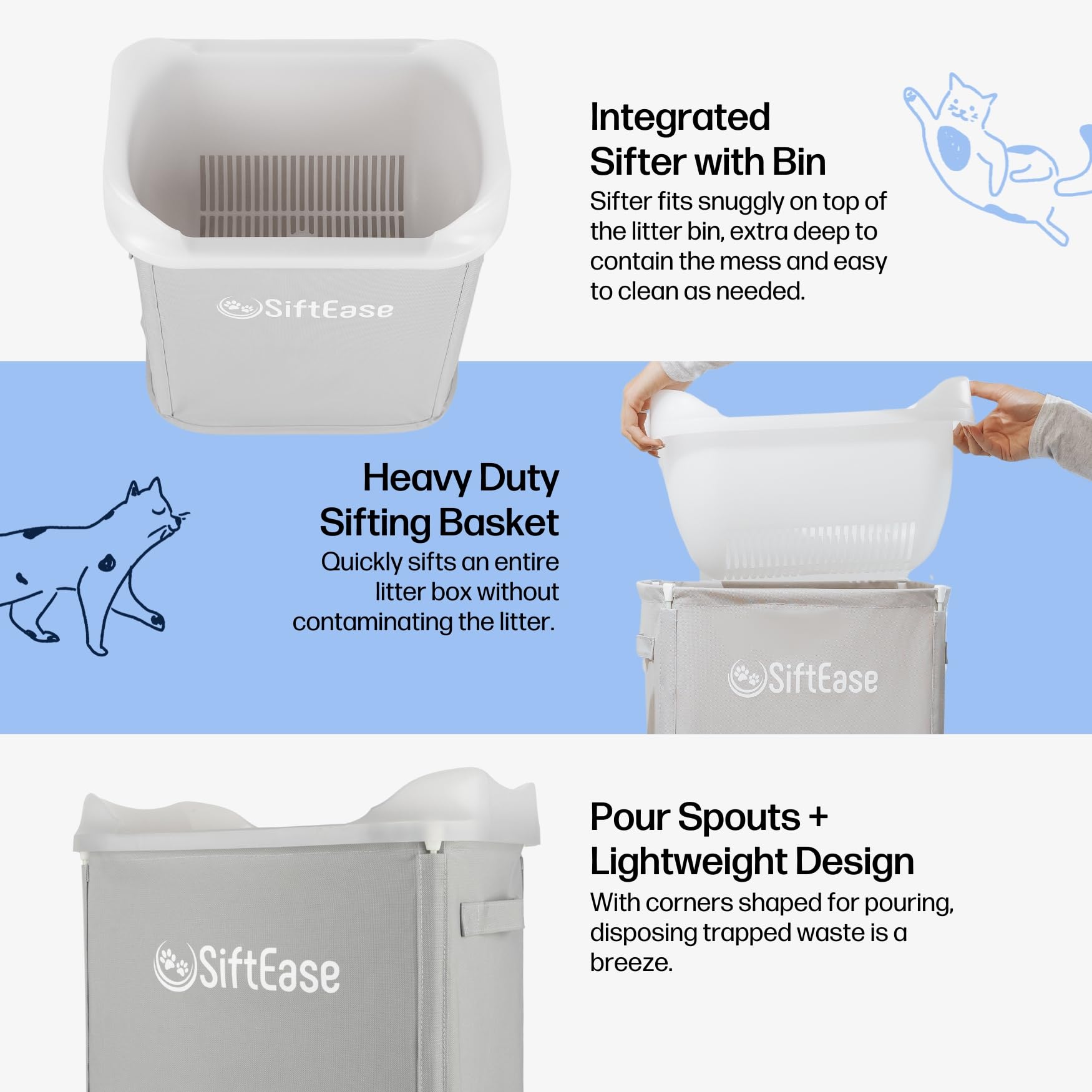 Cat Litter Sifter - Siftease Sifting Litter Box Cleaner, Fast & Easy Scoop Free Cleaning, Large Capacity Sifter With Bin For Eff