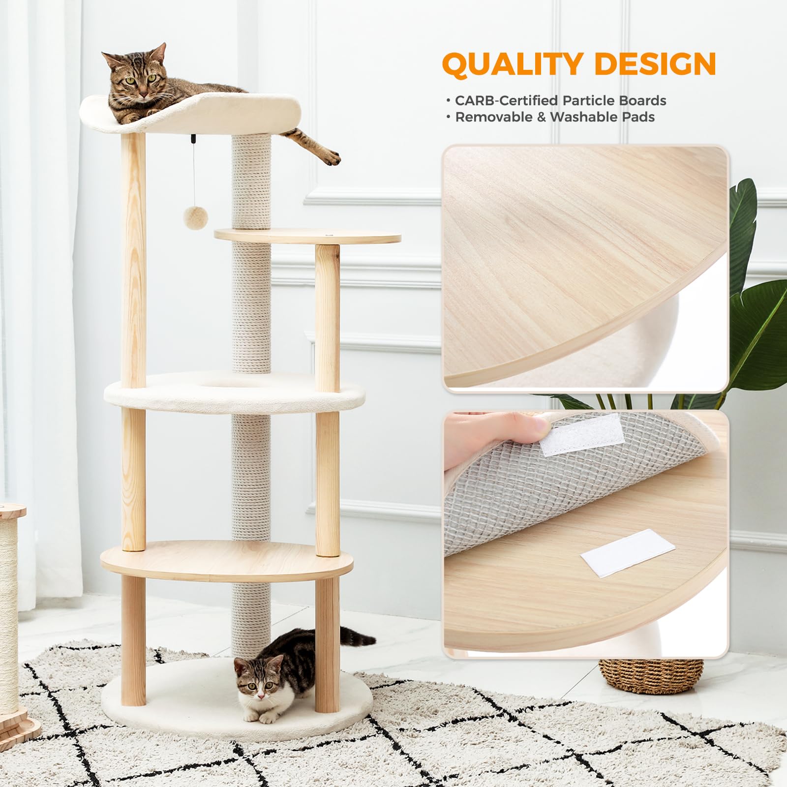 PETEPELA Cat Tree Tower - 5-Level Indoor Climbing Play House, Engineered Wood, Beige, Model AM11-3-AMT0075BG