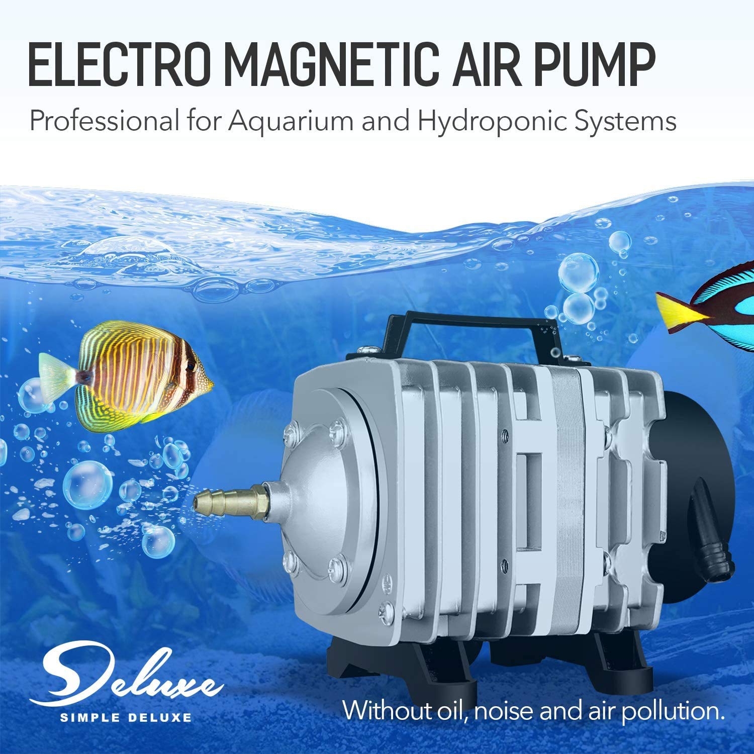 Simple Deluxe Lgpumpair65 Air Pump 1030 Gph 35W 65L/Min 6 Adjustable Air Flow Outlets With Airline Tubing 25 Feet For Aquarium, Pond, Hydroponics System, Silver