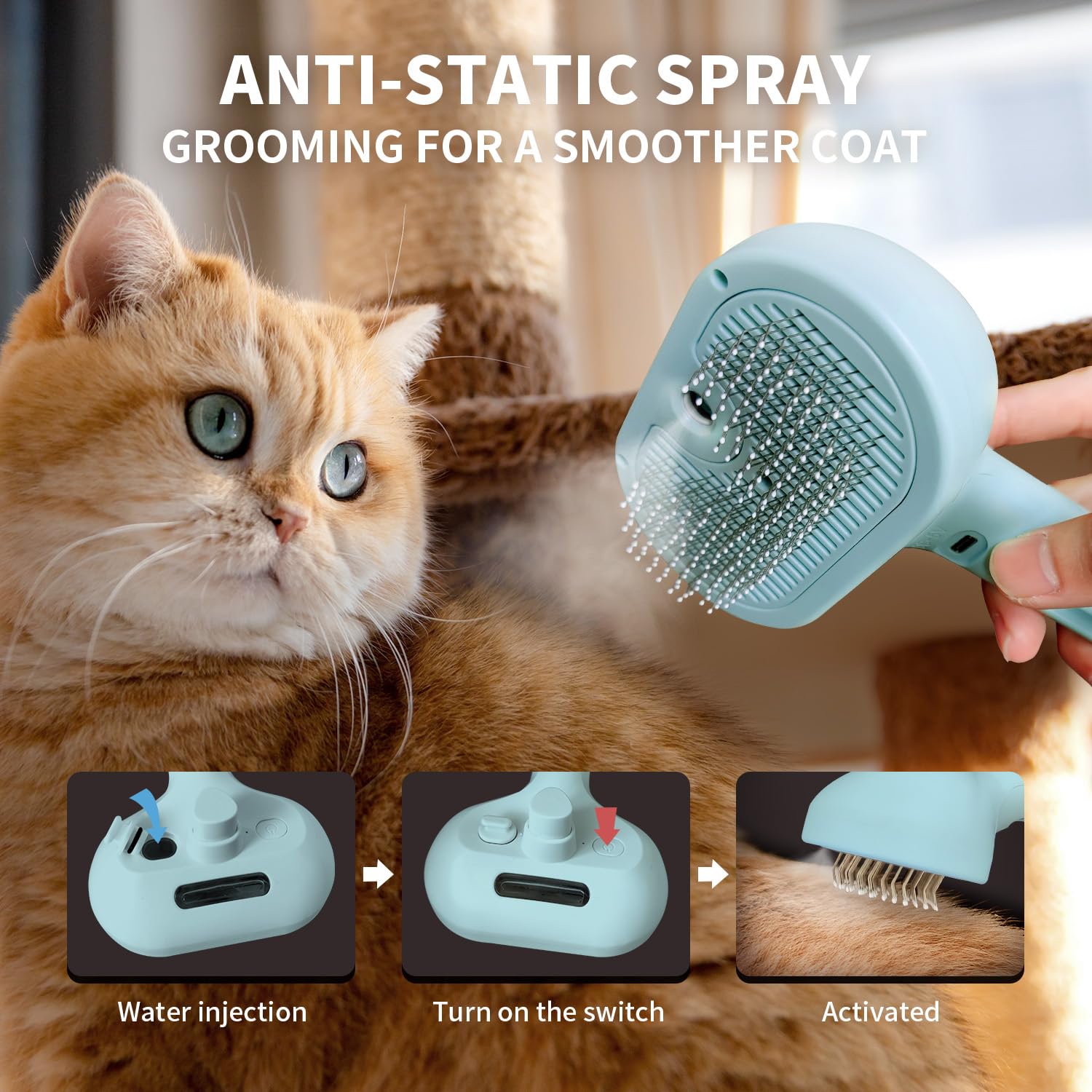 Pecait 3-In-1 Self-Cleaning Pet Brush For Shedding - Removes Static And Loose Hair From Dogs And Cats (Blue)
