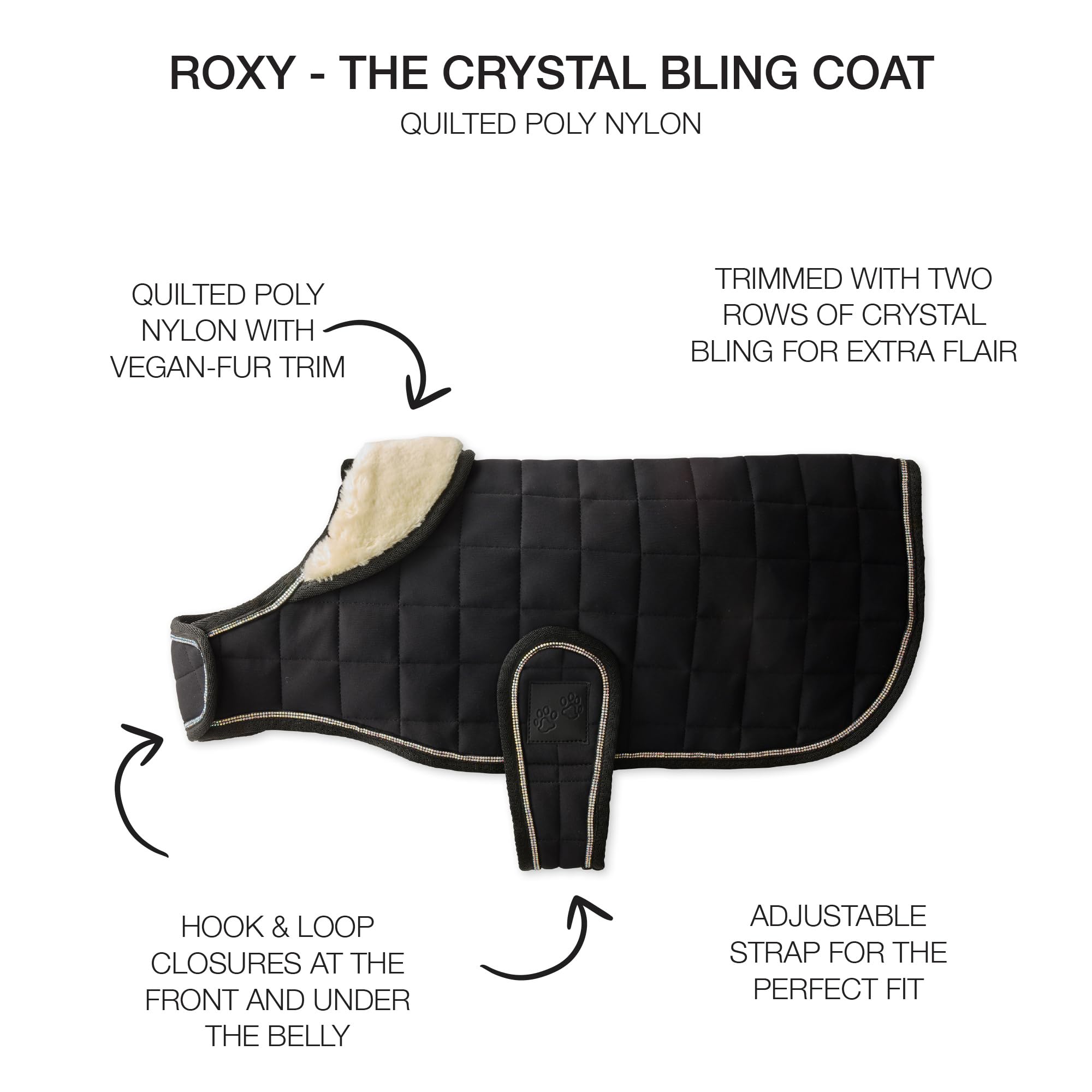 Pet Passion Quilted Dog Coat Pet Jacket With Crystal Bling For Small, Medium And Large Dogs, Black, Small