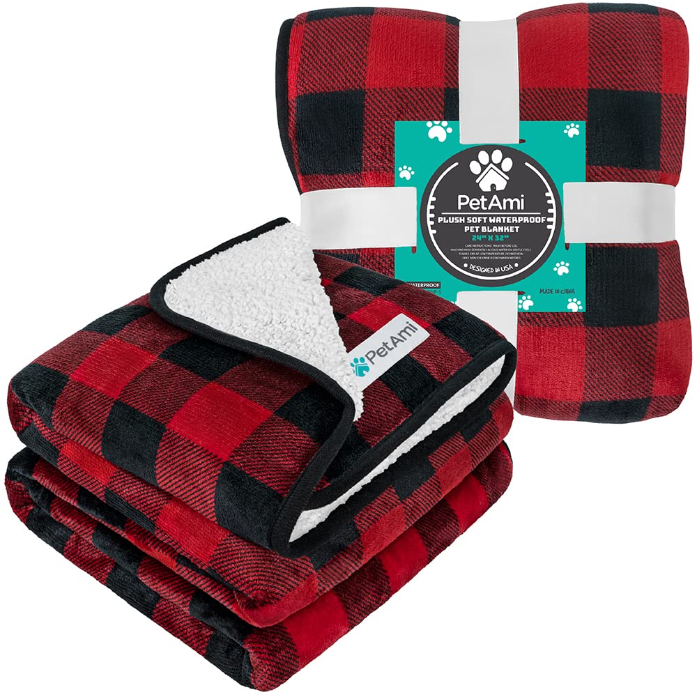 Petami Waterproof Dog Blanket For Small Medium Dogs, Pee Proof Pet Blanket Sherpa Fleece Couch Cover, Reversible Cat Throw Bed Sofa Protector, Soft Plush Washable Pad (Small 24X32, Check Red)