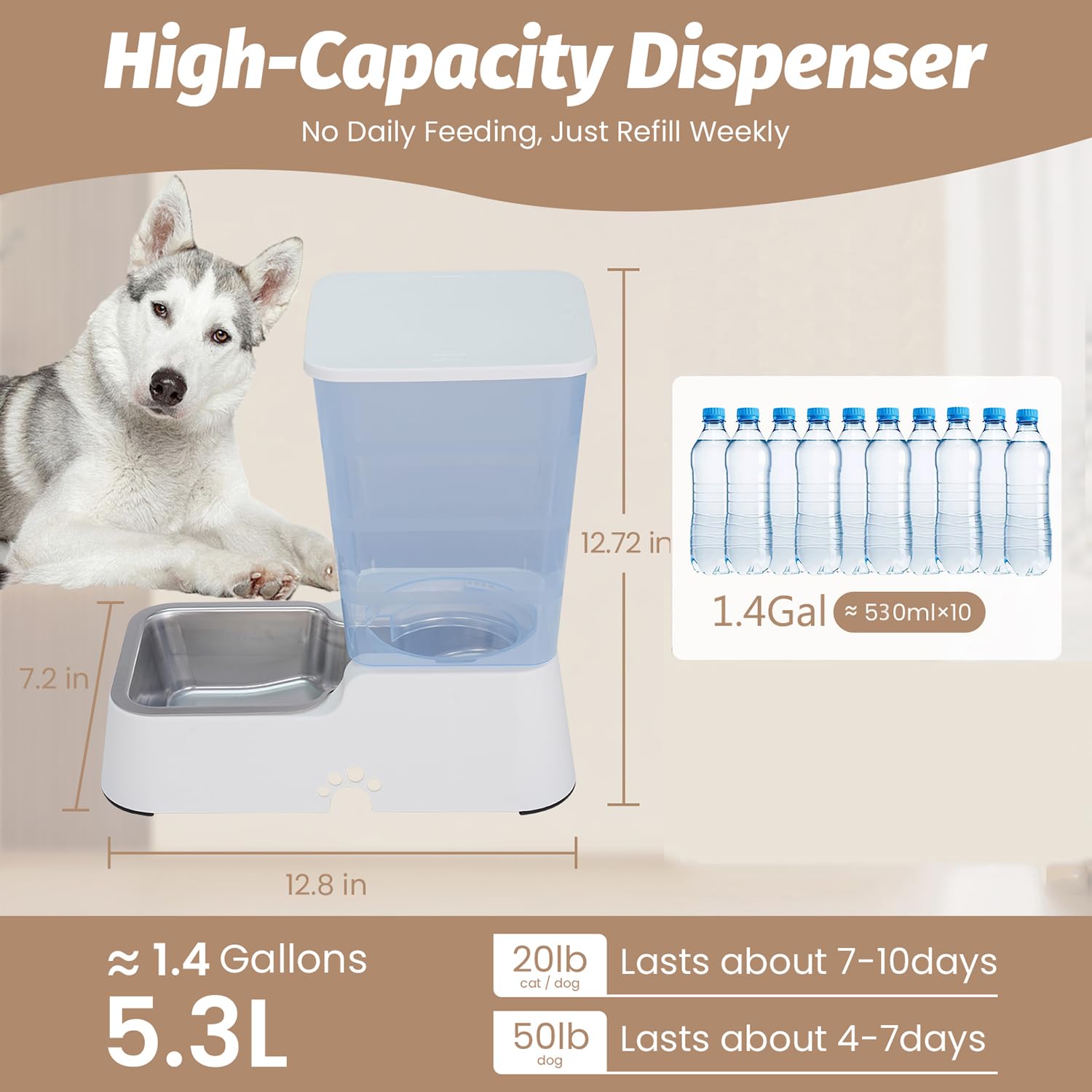 Leefele Automatic Pet Waterer - 5.4L Dog Water Dispenser, Stainless Steel Feeder for Cats & Medium/Large Dogs, White