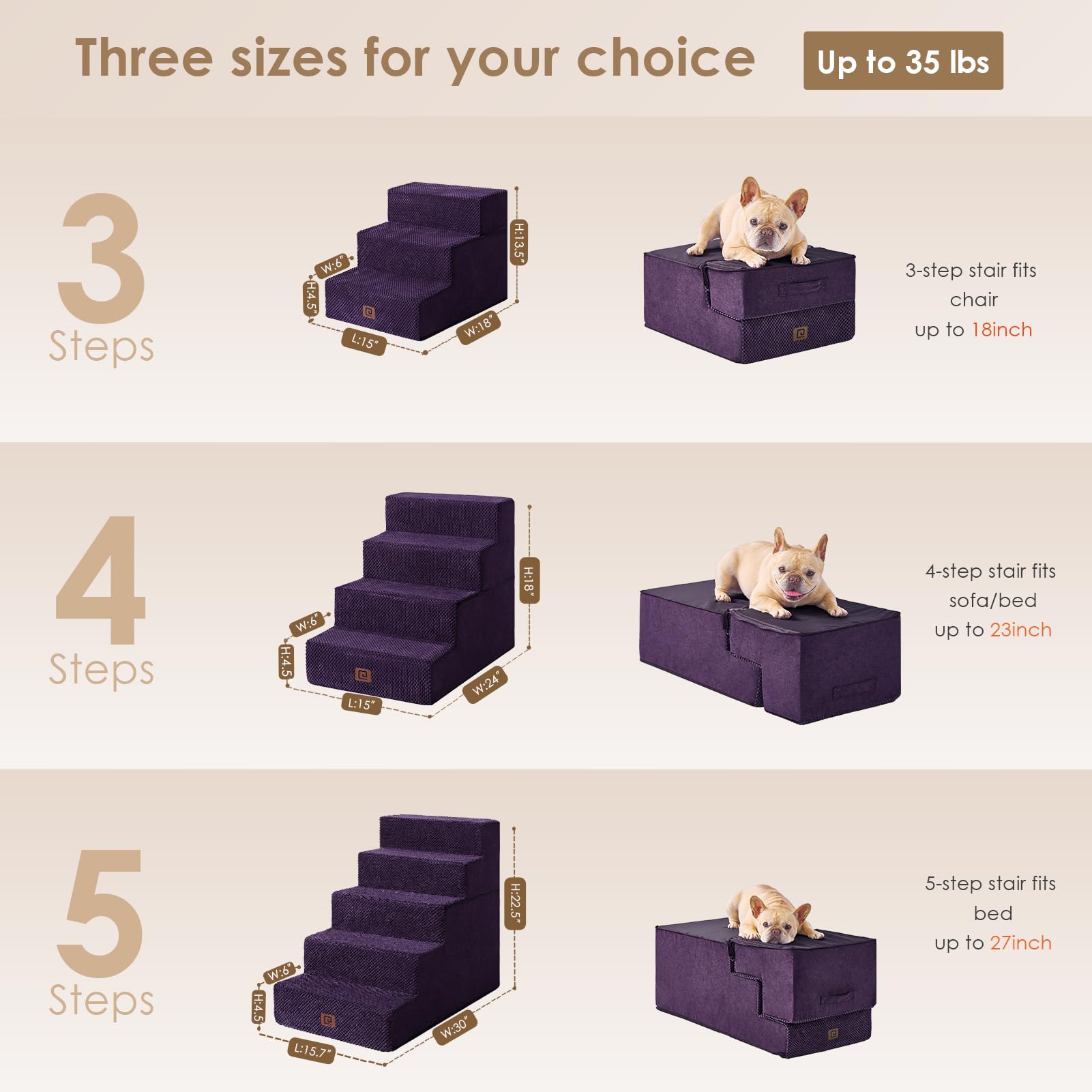 Eheyciga Dog Stairs For Small Dogs 13.5' H, 3-Step Dog Steps For Couch Sofa And Chair, Pet Steps For Small Dogs And Cats, Non-Slip Balanced Dog Indoor Ramp, Purple