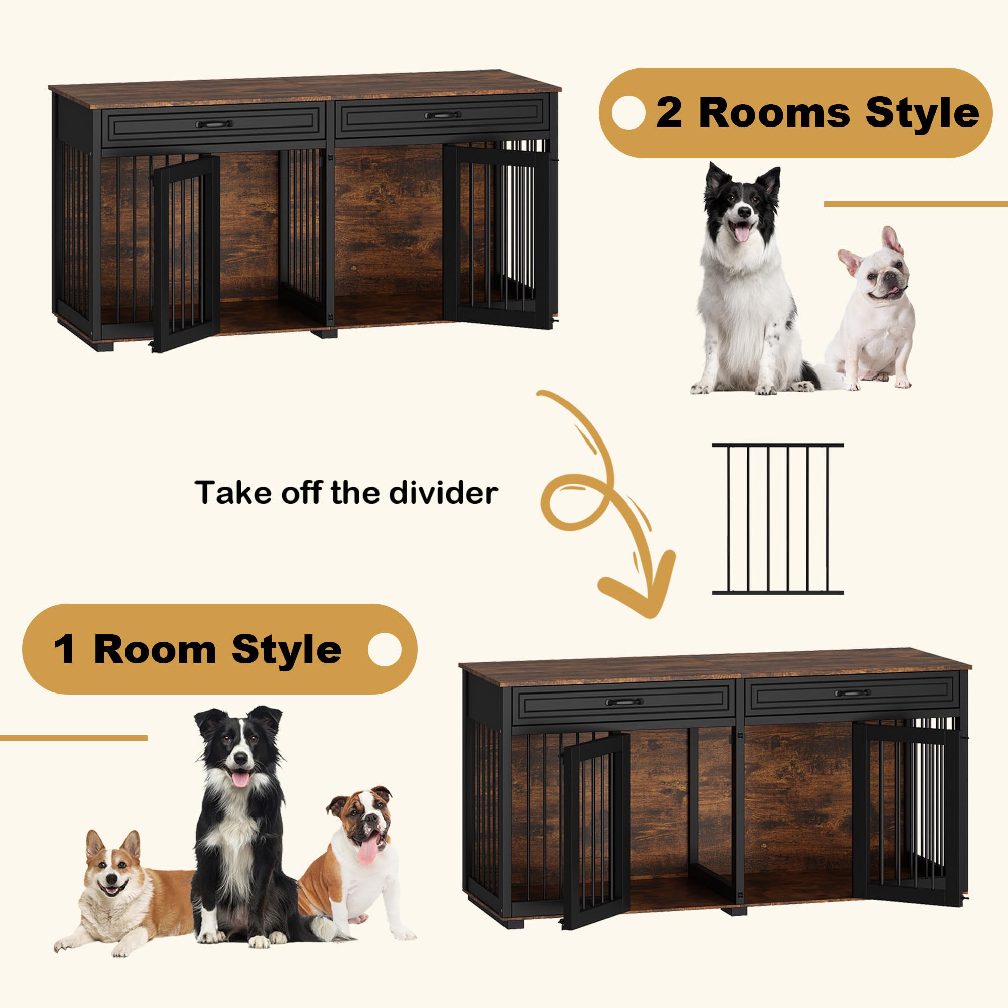 DAWNSPACES Furniture Style Dog Crate Extra Large 93  Heavy Duty Double Rooms Dog Kennel with Drawers & Removable Divider, Indoor