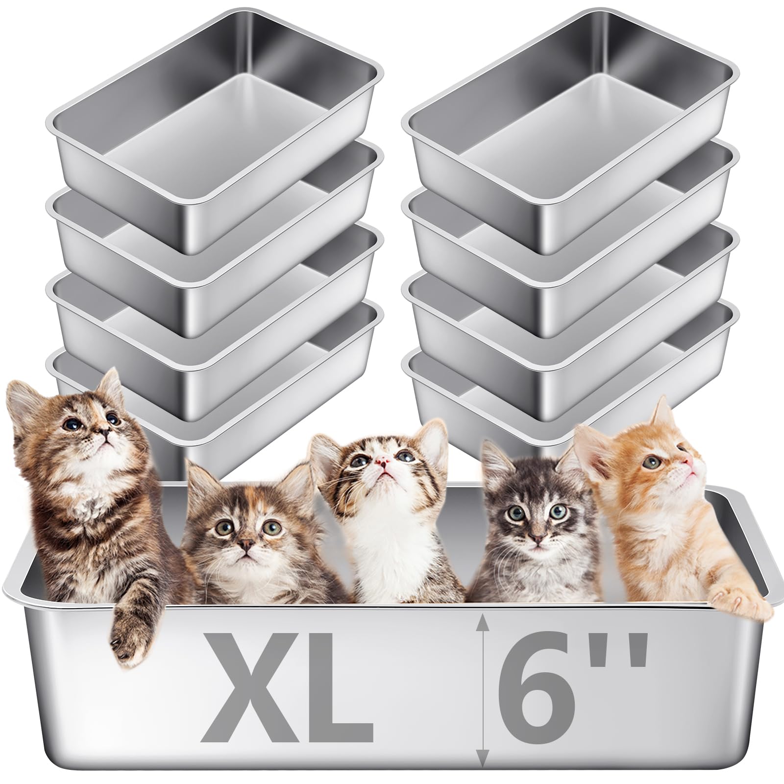 Tioncy 10 Pack Stainless Steel Litter Box For Cat,23.5 X 15.5 X 6 Inch Extra Large Metal Litter Box Non Stick Litter Pan With Hi