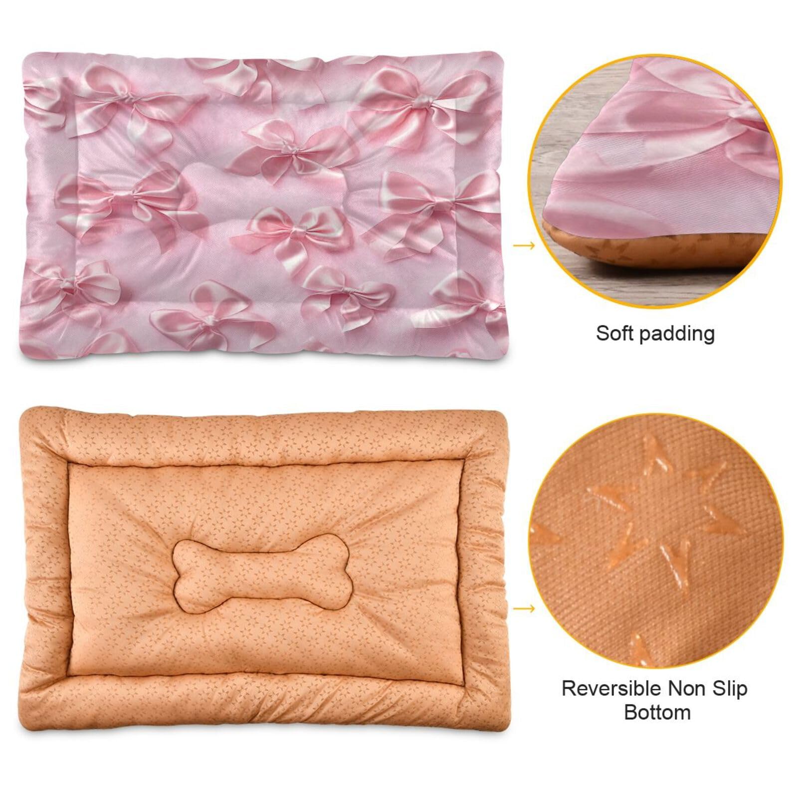 Coikll Pink Bows Pet Bed Pad Soft Dog Bed Mat With Anti-Slip Bottom, Machine Washable Crate Pad Mattress For Dog Sleeping- 24 *