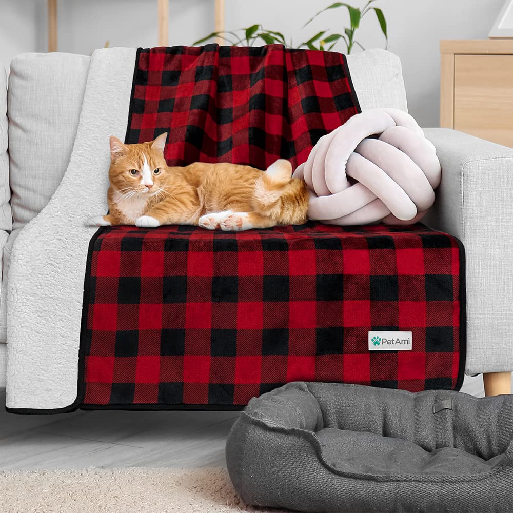 Petami Waterproof Dog Blanket For Small Medium Dogs, Pee Proof Pet Blanket Sherpa Fleece Couch Cover, Reversible Cat Throw Bed Sofa Protector, Soft Plush Washable Pad (Small 24X32, Check Red)