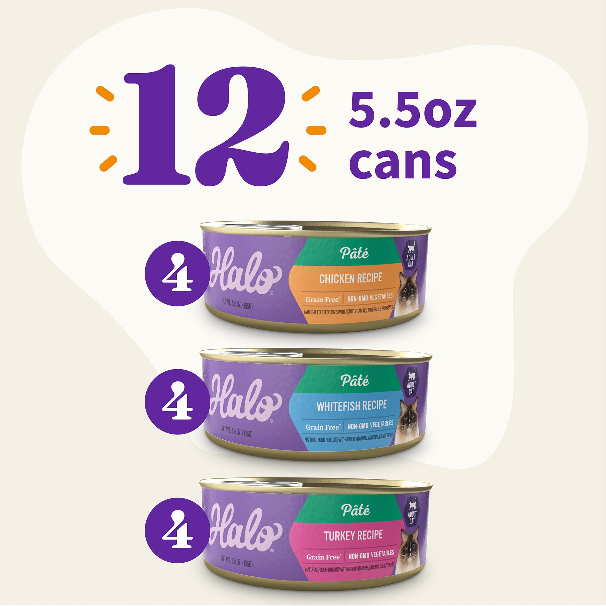 Halo Wet Cat Food Variety Pack, Three Canned Wet Cat Pate, Chicken, Turkey & Whitefish, 5.5 Oz Can (Pack of 12)