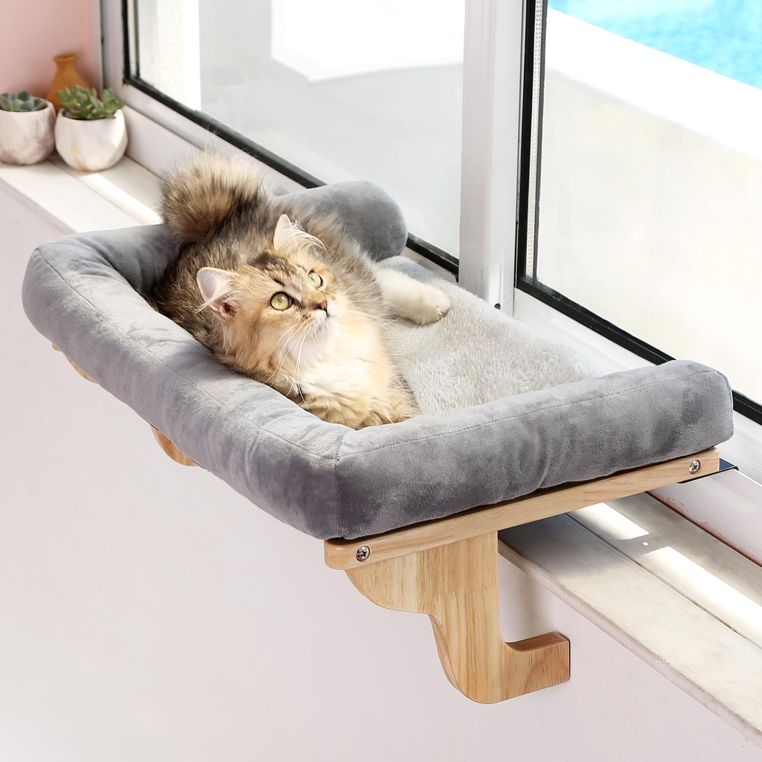 Zakkart Cat Perch For Window Sill With Bolster - Orthopedic Hammock Design With Premium Hardwood & Robust Metal Frame - Cat Window Seat For Large Cats And Kittens - Natural Color Wood With Gray Bed
