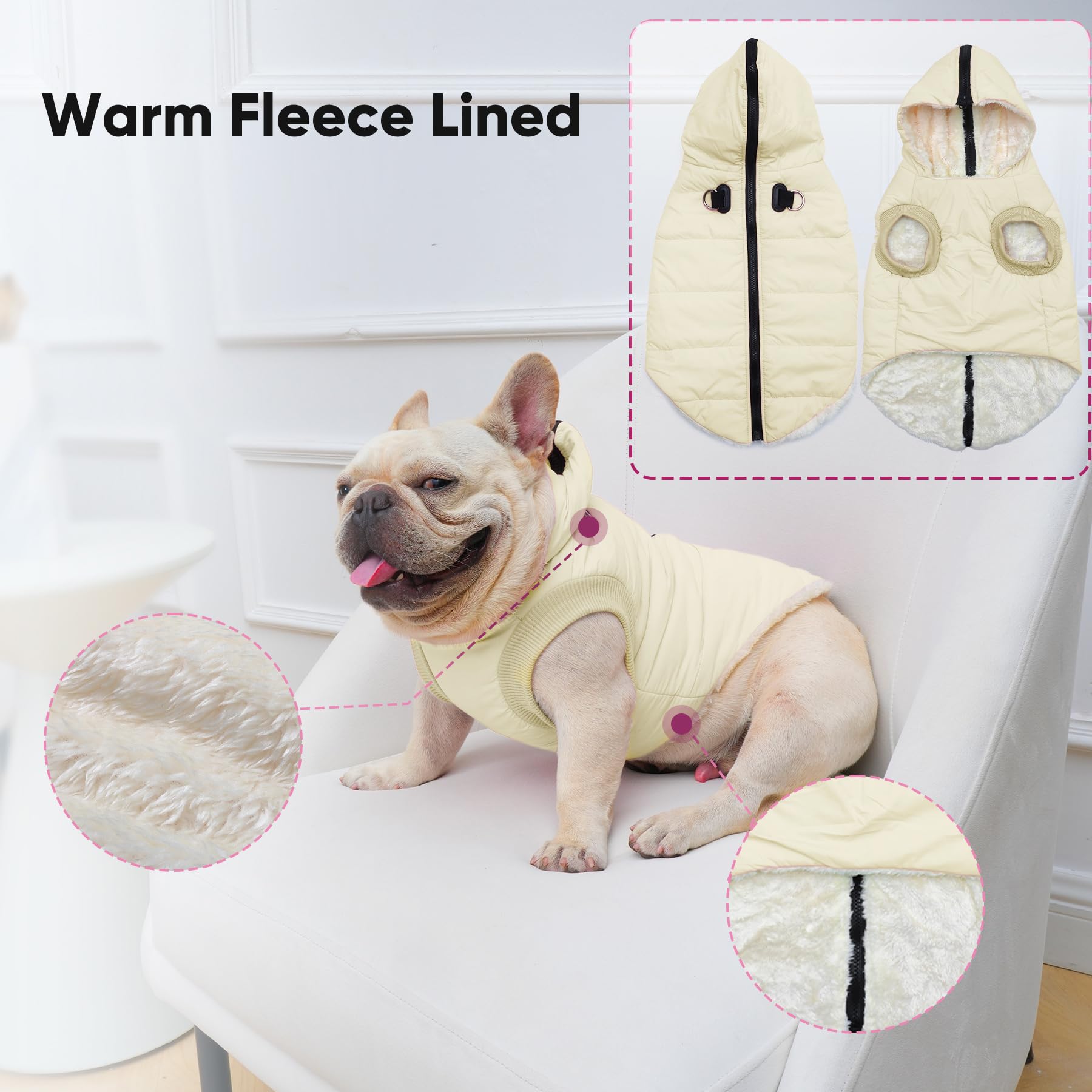 Vecomfy Fleece Lining Dog Hoodie With Harness Built In,Extra Warm Medium Dog Jacket In Winter Doggie Coats With Hooded,Light Yellow Xl