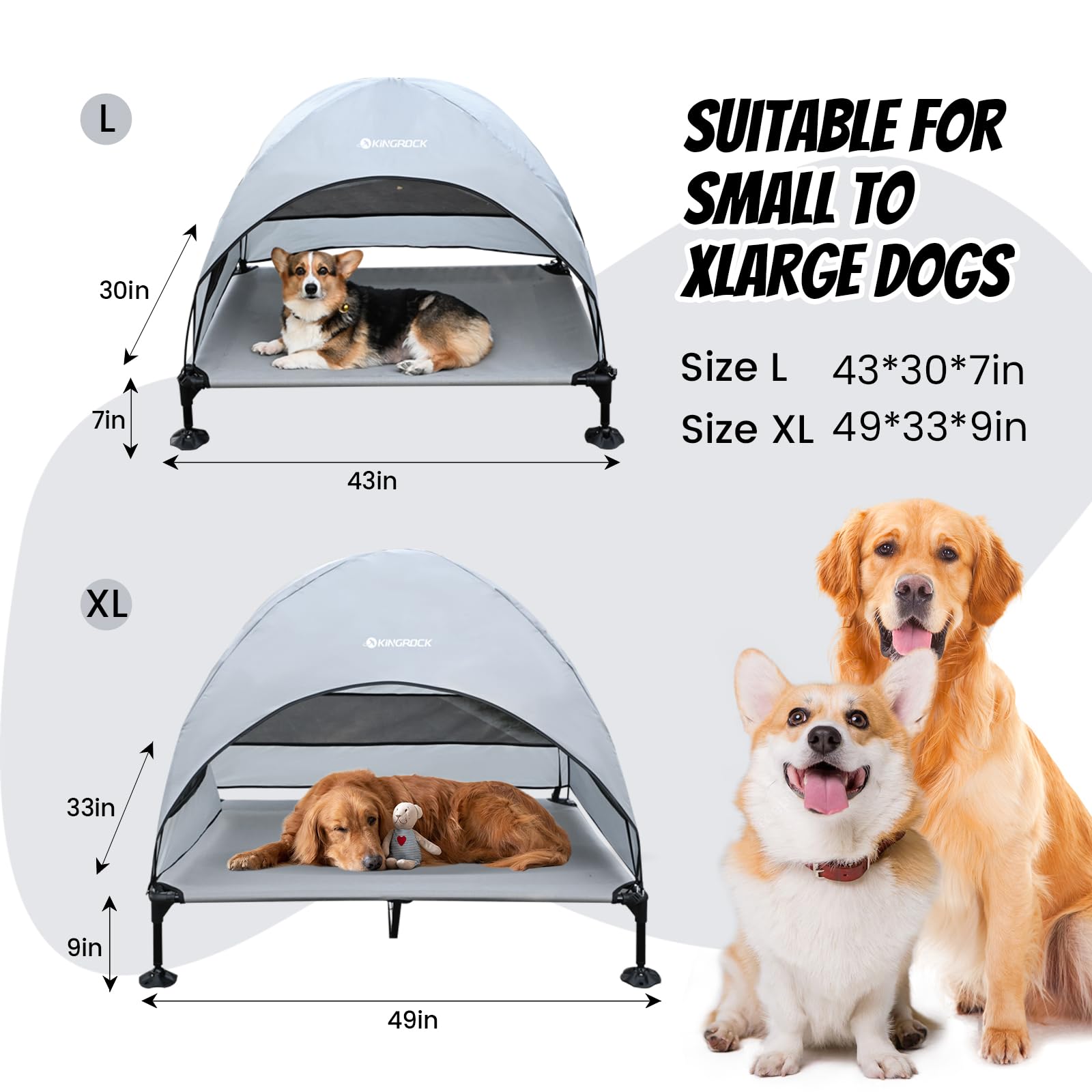 Kingrock Elevated Dog Bed Outdoor With Canopy, Portable Raised Dog Bed With Stable Anti-Slip Feet, Raised Pet Beds, Wider Shade