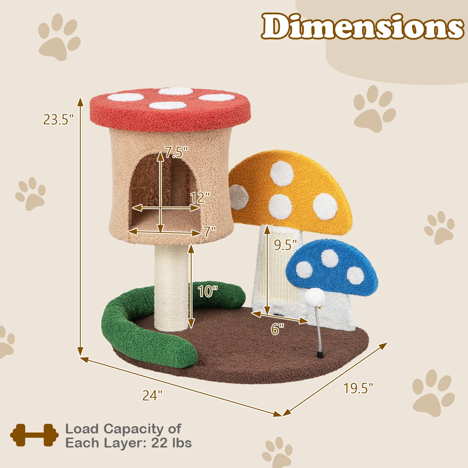 Petsite Mushroom Cat Tree, Modern Small Cat Tower With Natural Sisal Scratching Post & Board, Cat Condo And Teasing Spring Ball,