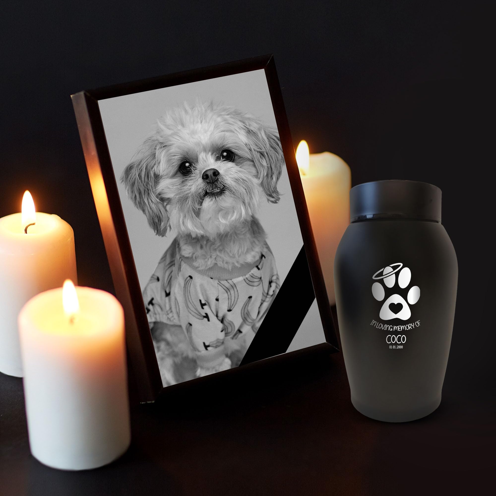 Personalized Custom Small Keepsake Urn Engraved With Pet Name, Date, And Dog Design - 5.2' Black Powder Coated Steel Cremation