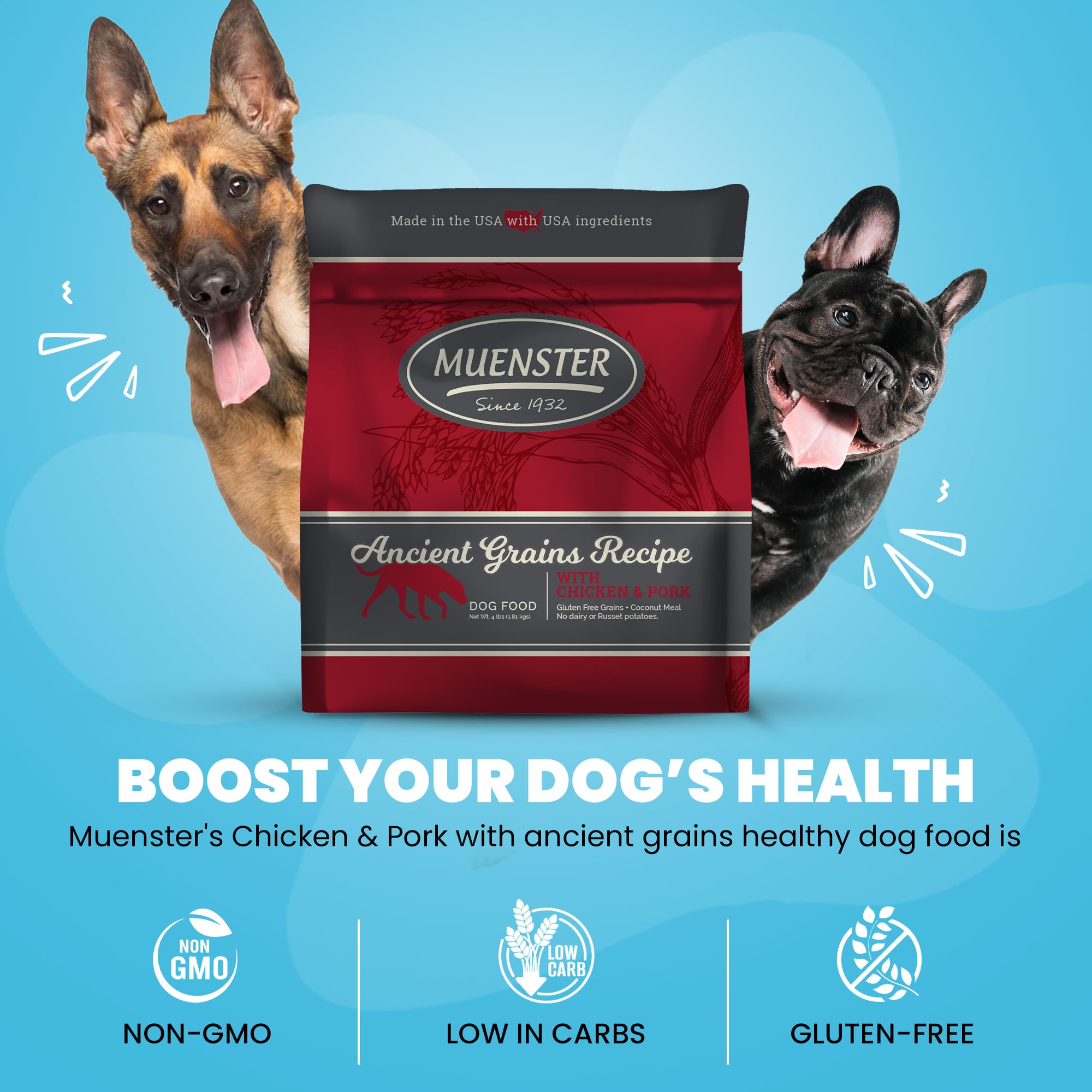 Muenster Ancient Grains Chicken & Pork Dry Dog Food, 4lb - Gluten-Free, High Protein, Digestive Support